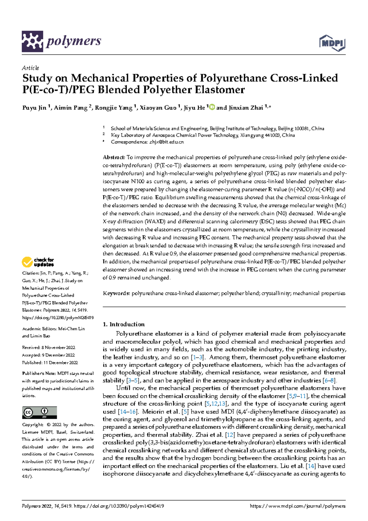 Polymers 14 05419 v2 - Study on Mechanical Properties of Polyurethane ...