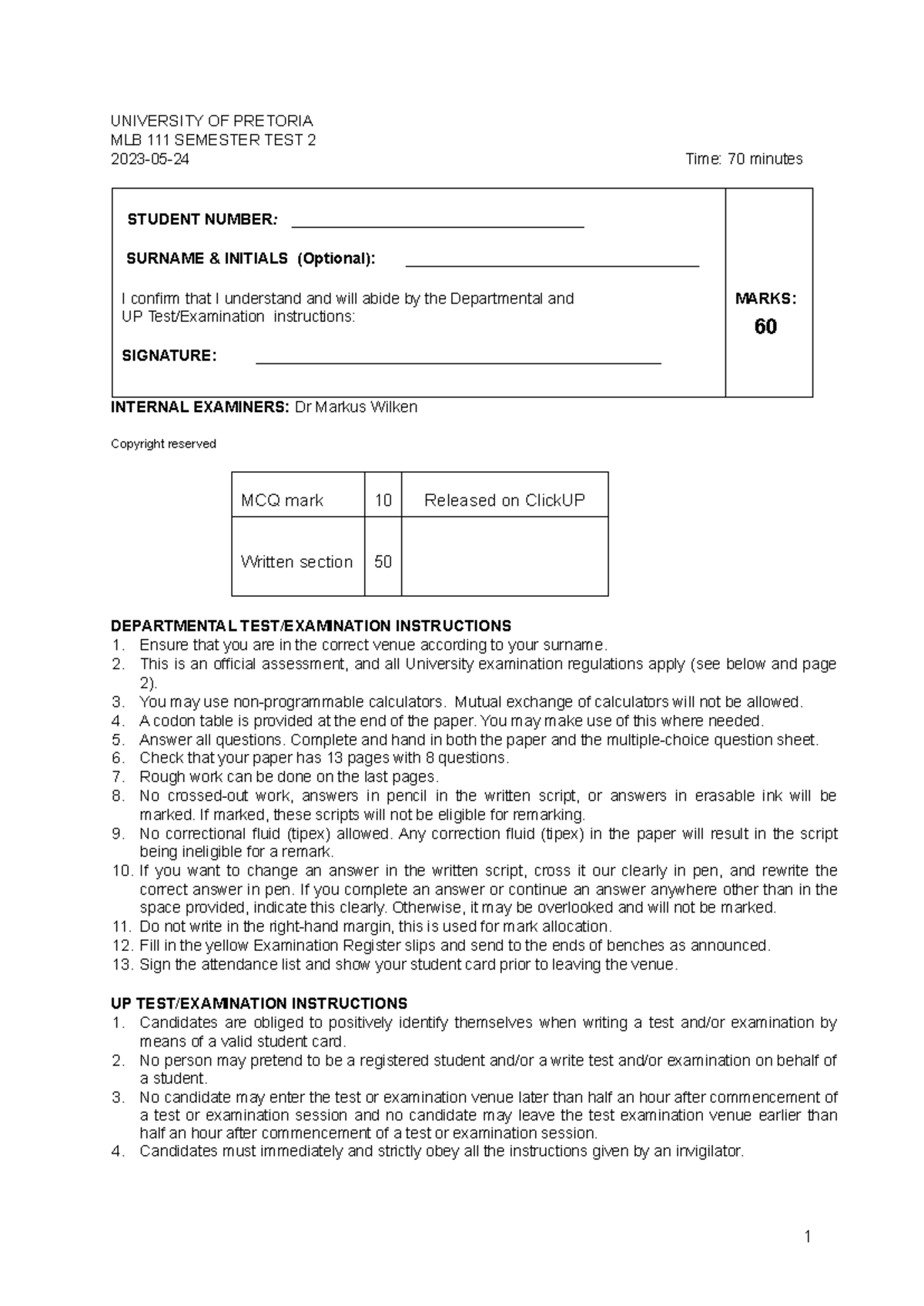 2023 semester test 2 for MLB111: Guidelines and questions - Studocu