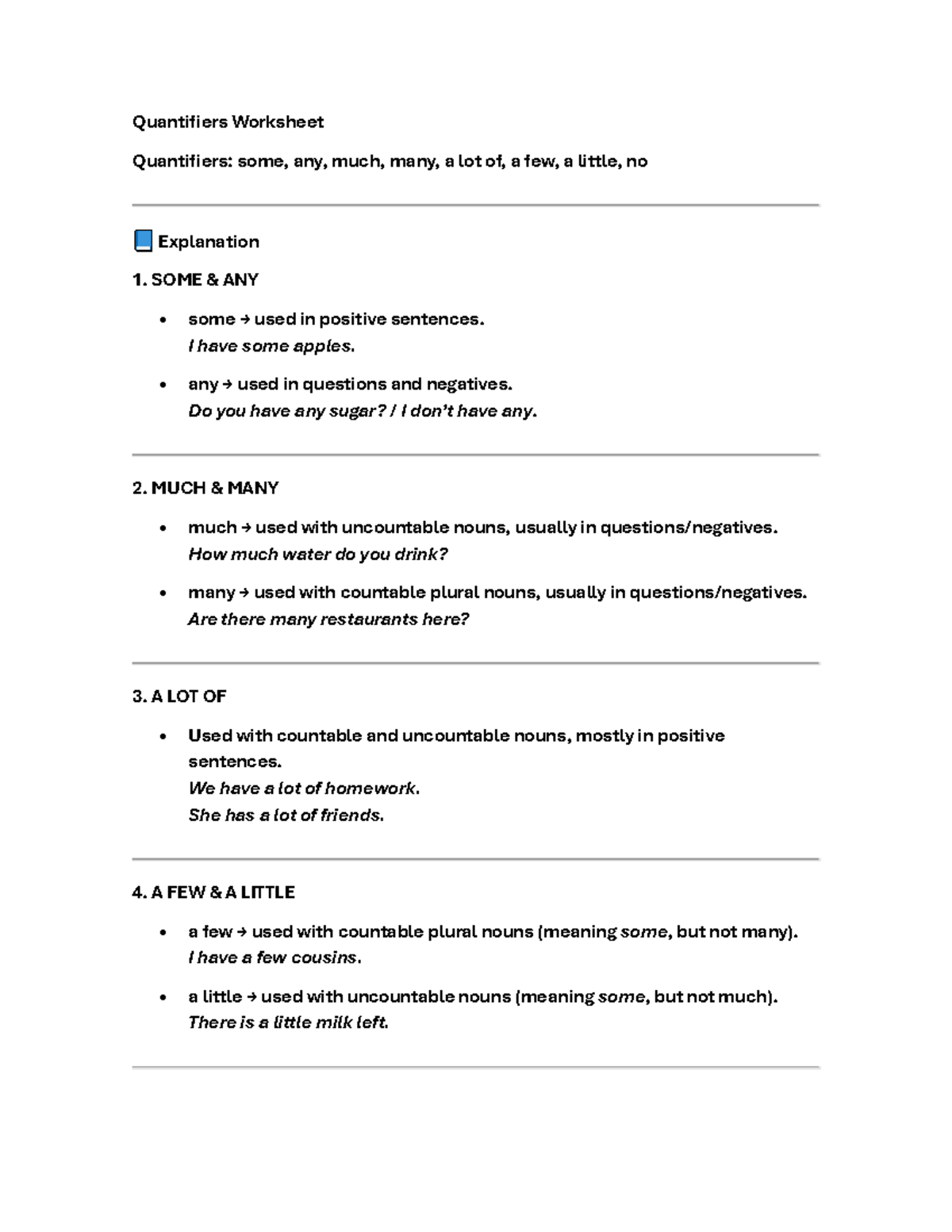 Quantifiers Worksheet: Understanding Some, Any, Much, Many - Studocu