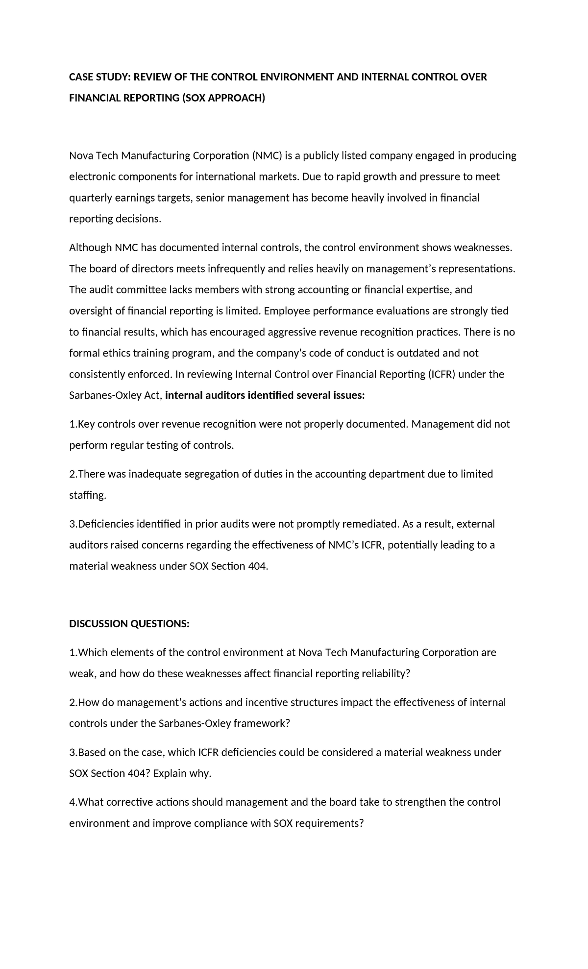 CASE STUDY: NMC CONTROL ENVIRONMENT & ICFR WEAKNESSES (SOX) - Studocu