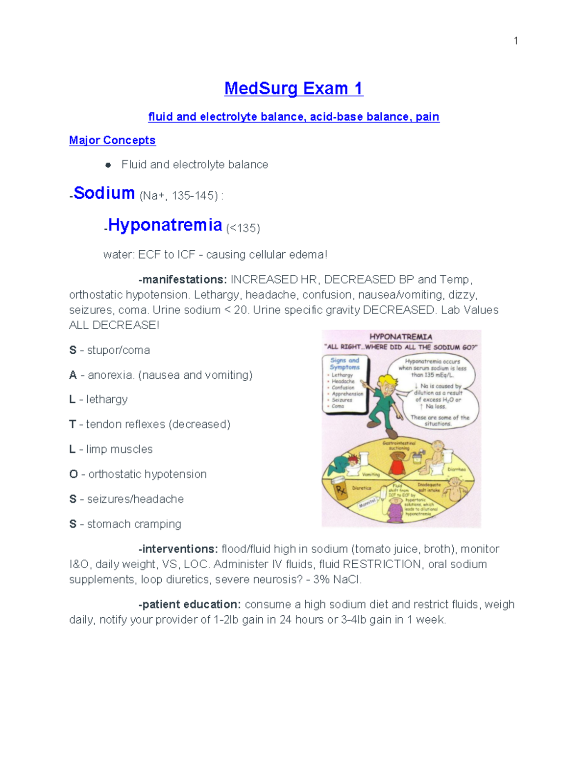 MED SURG EXAM 1 Comprehensive Study Guide on Fluid & Electrolyte ...