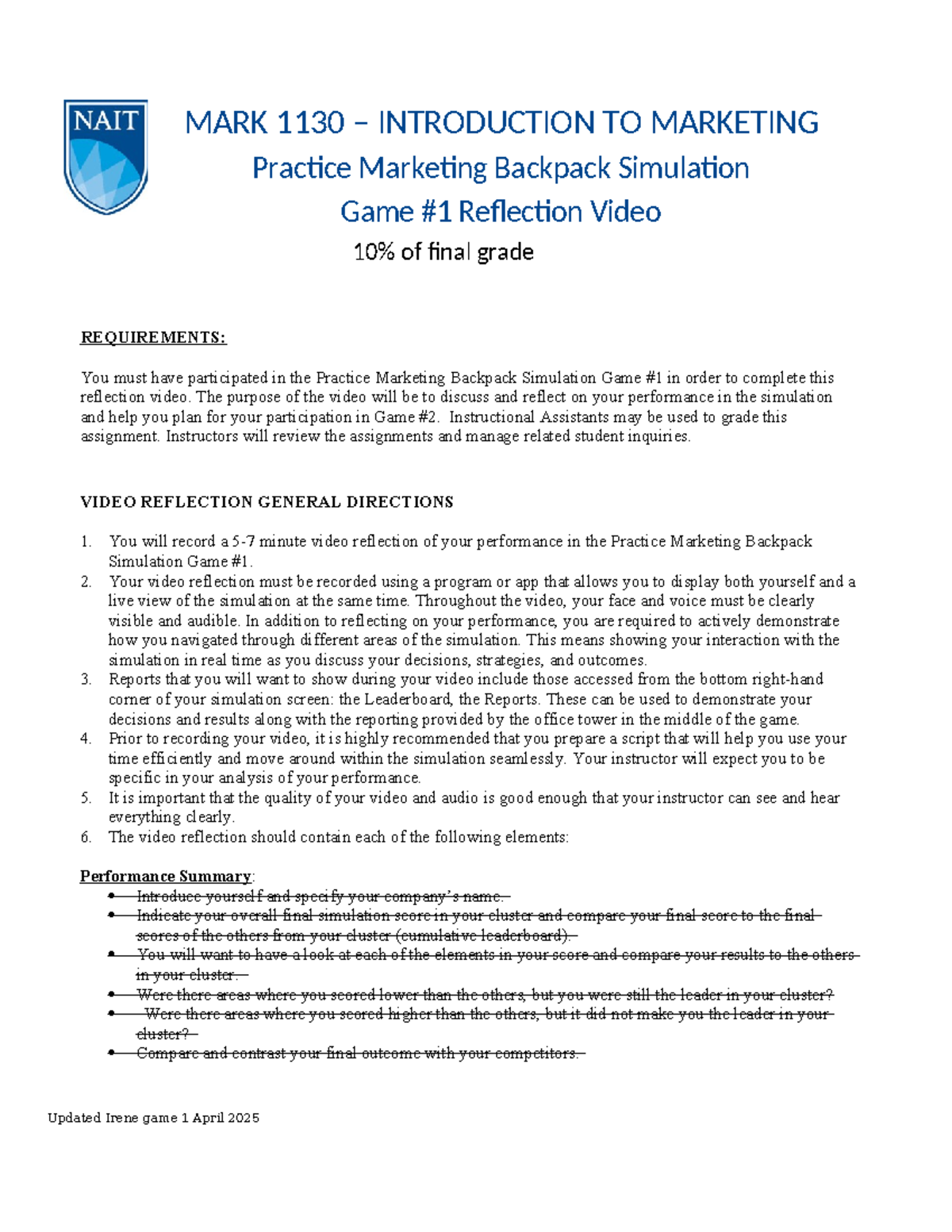 MARK 1130 FINAL EXAM Reflection on Marketing Backpack Simulation Game ...