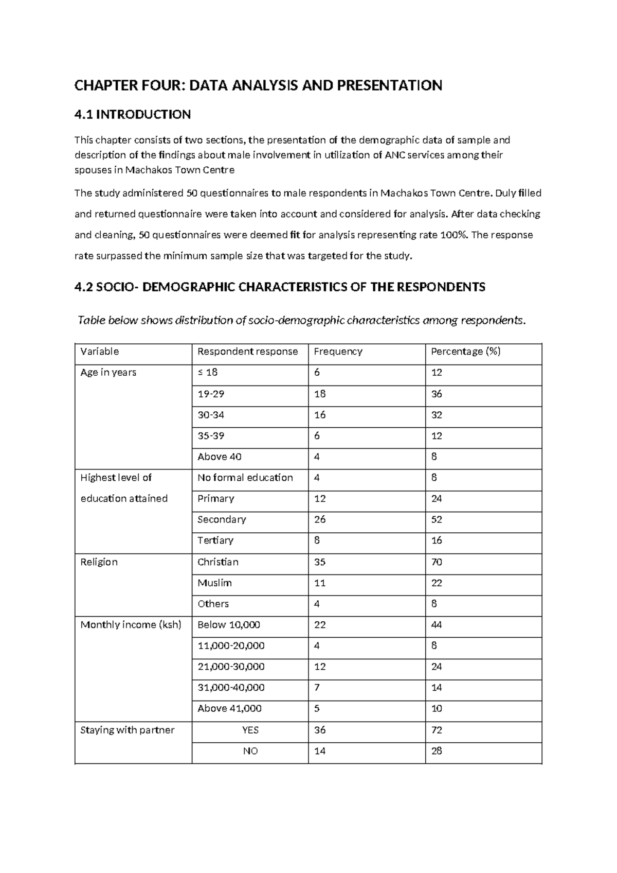 Chapter 4: Data analysis and presentation of male involvement in ANC ...