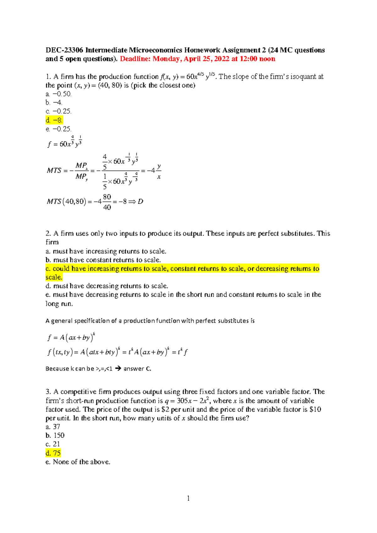 DEC-23306 Intermediate Microeconomics Assignment 2 Solutions - Studeersnel