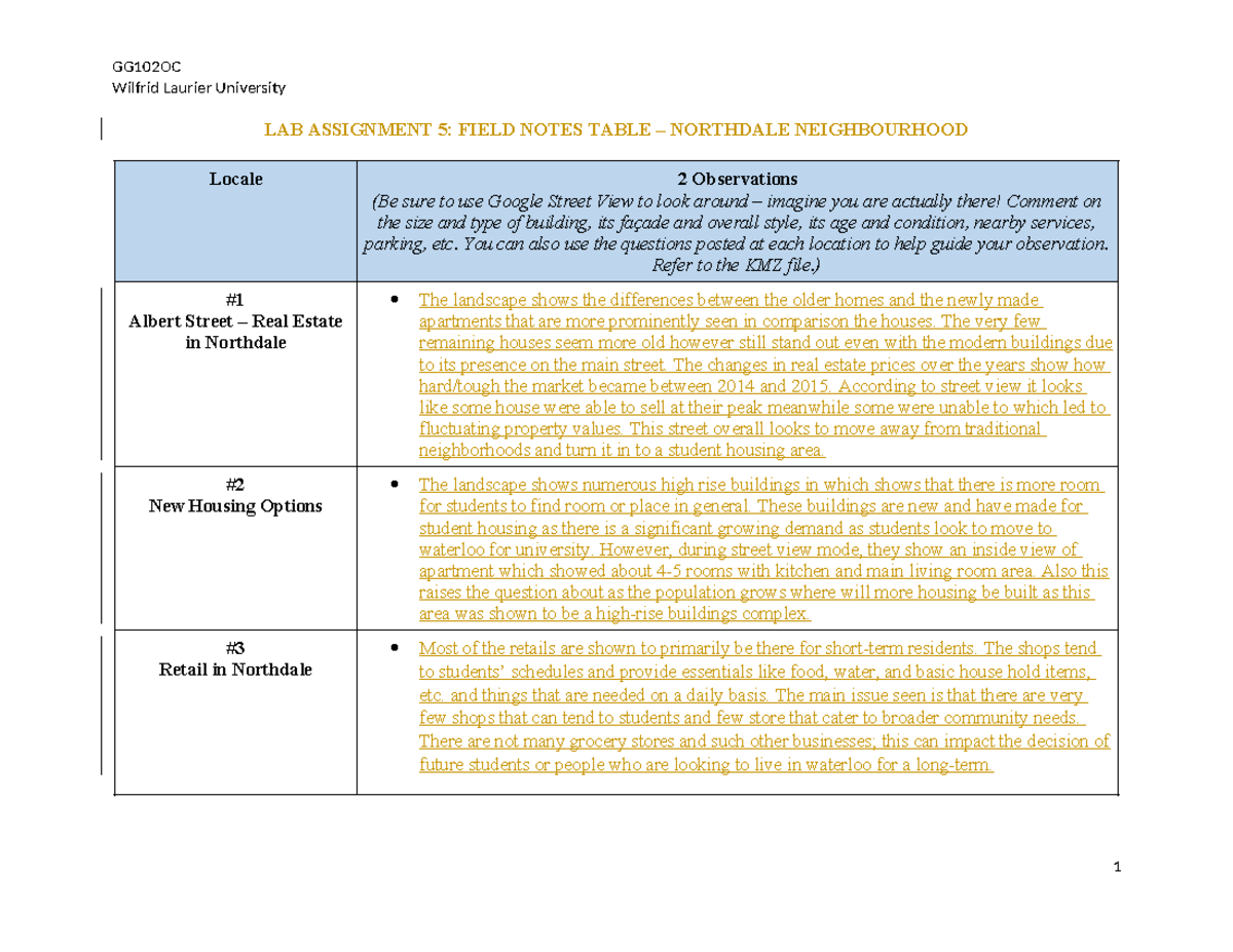 GG102 Lab5-Field-Notes-Table - GG102OC Wilfrid Laurier University LAB ...