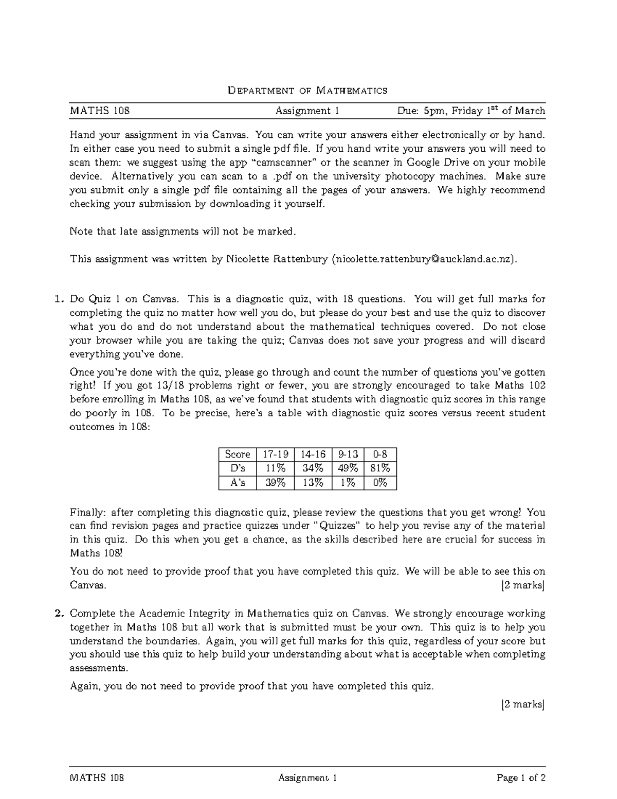 Ass1 S1 2024 - Assignment for the Maths 108. - Department of ...