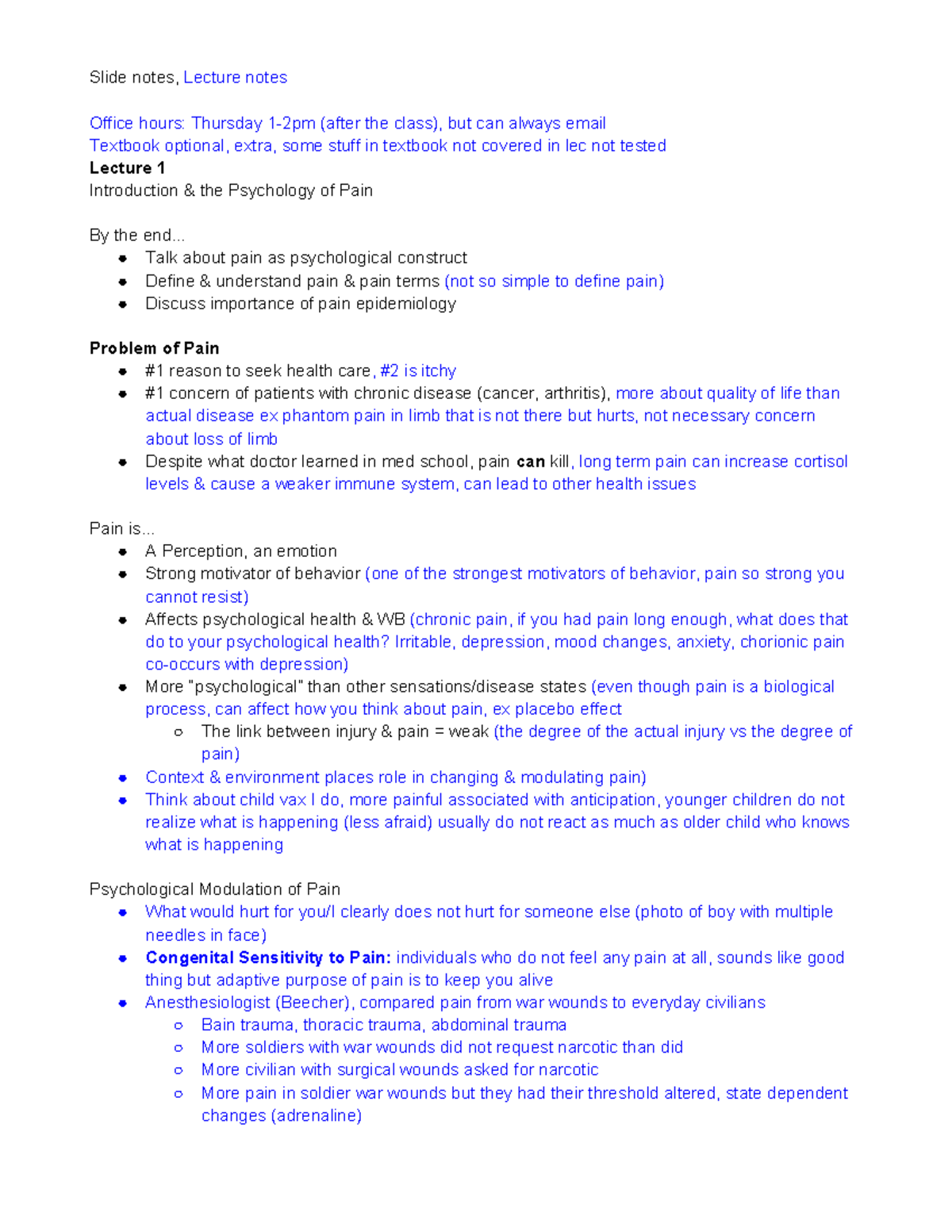 Psychology of pain: Lecture notes for PSY391, week 1 overview - Studocu
