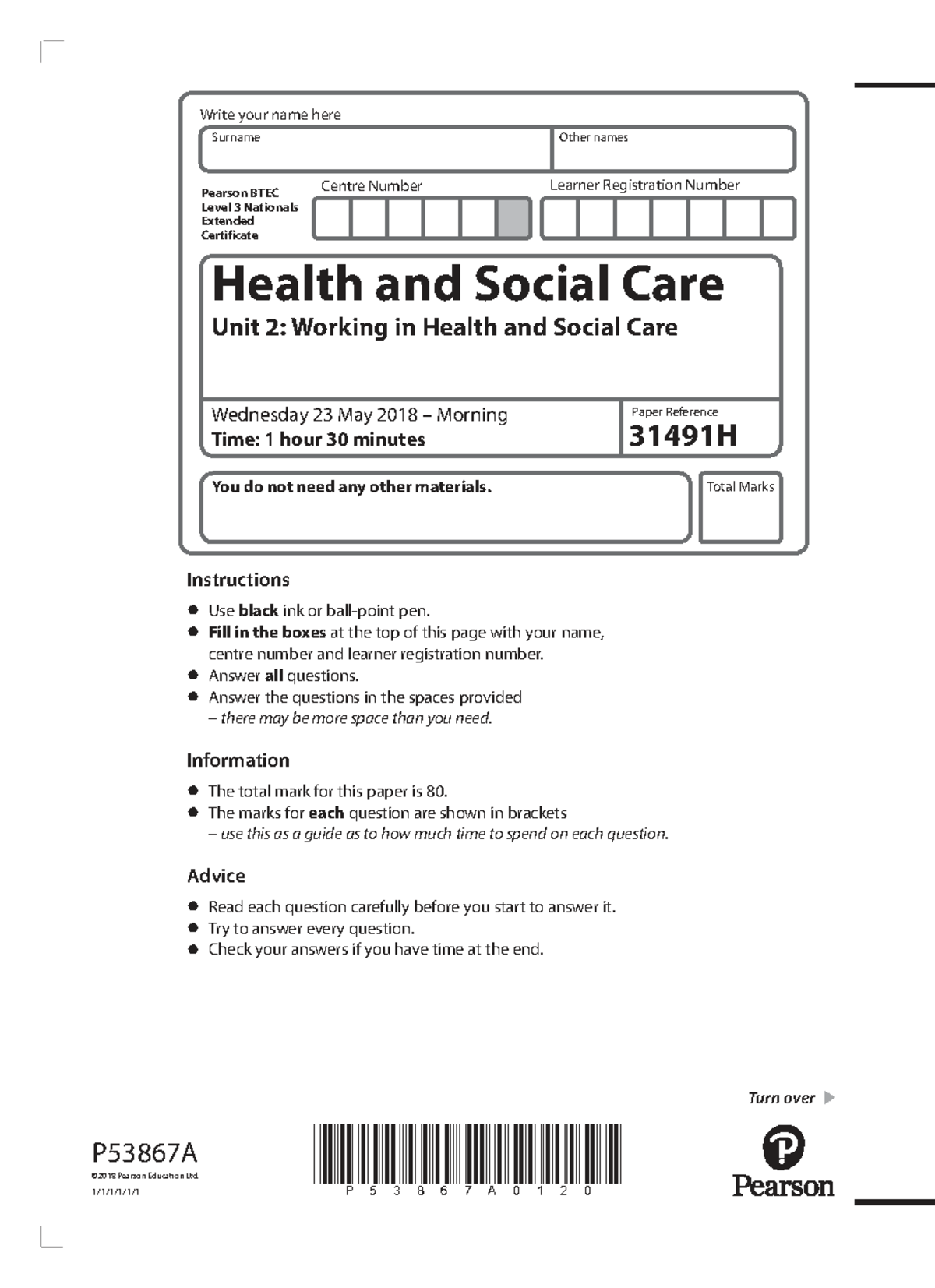 May 2018 Exam Paper - BTEC Level 3 Health & Social Care Unit 2 ...