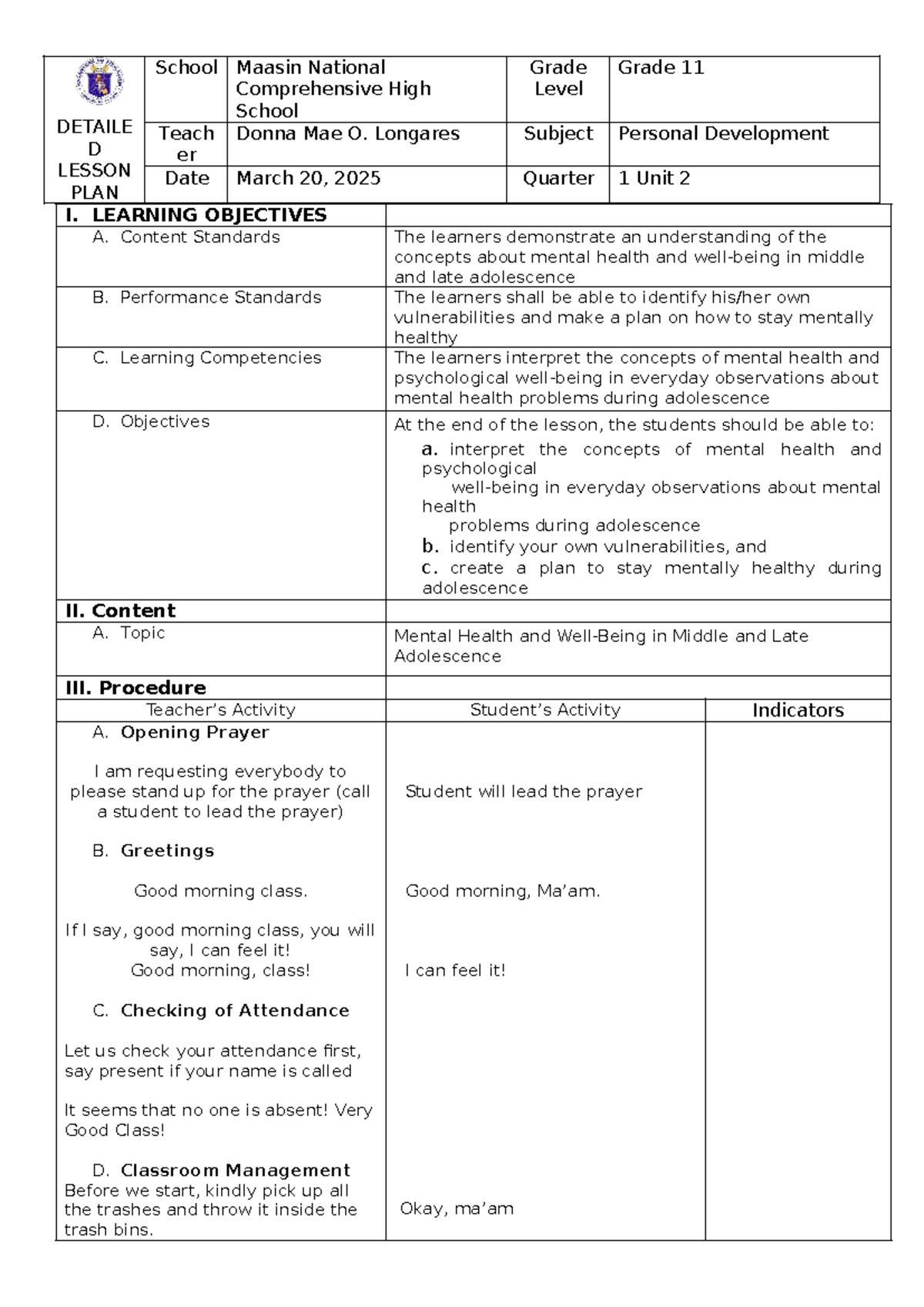 Grade 11 Personal Development Lesson Plan: Mental Health Awareness ...