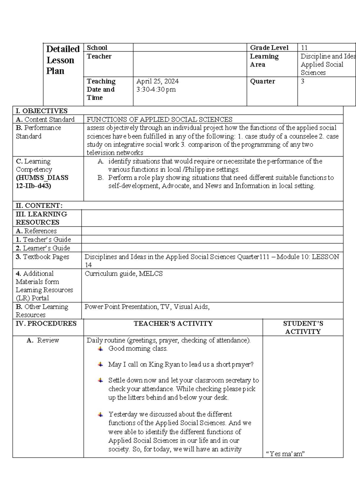 DLP DIASS - Detailed Lesson Plan for Applied Social Sciences - Studocu
