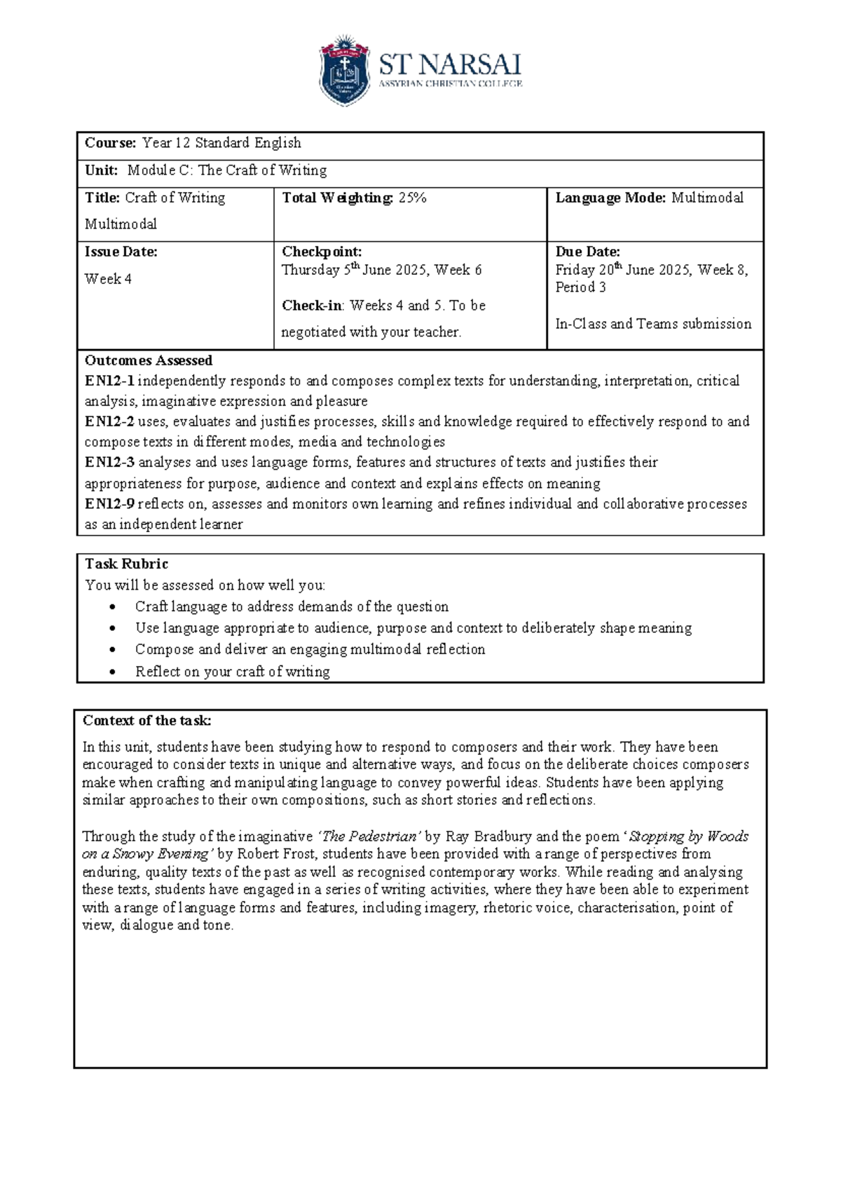 YR12 STD 2025 - Module C: Craft of Writing Assessment Guide - Studocu