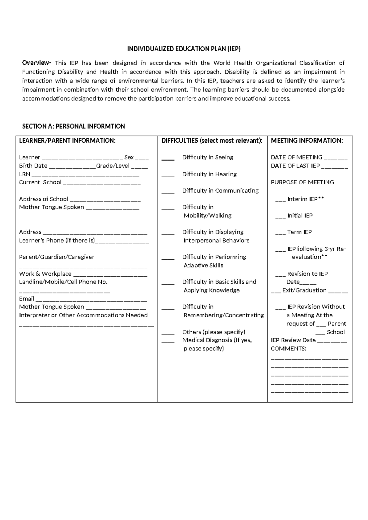 IEP Annex 6: Personalized Educational Plan for Learner Support - Document Preview