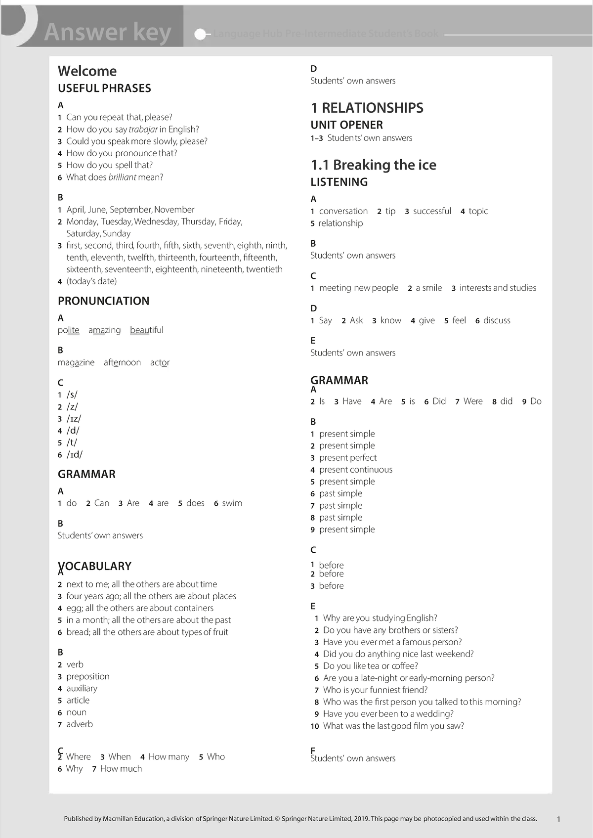 Answer Key for Language Hub Book D: Pre-Intermediate Level - Studocu
