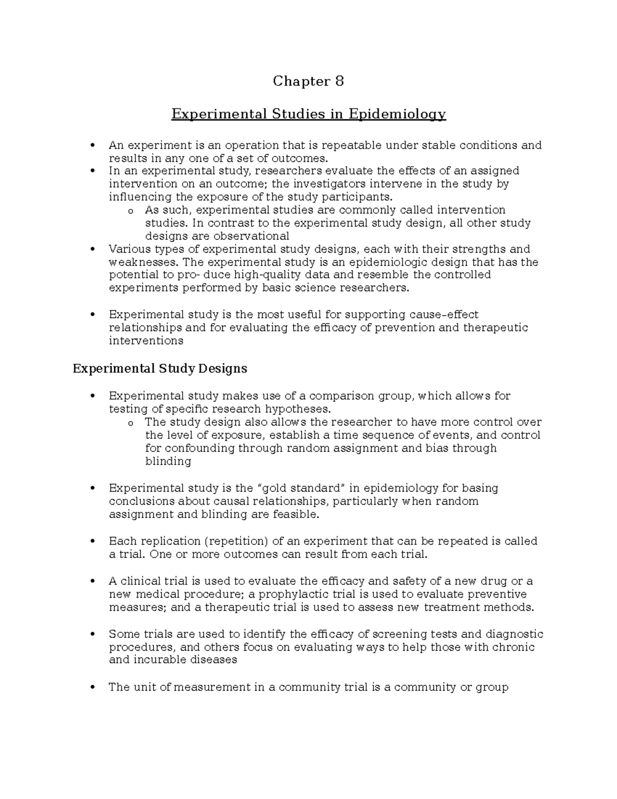 Epi 101: Notes on Experimental Studies (Chapter 8) - Studocu