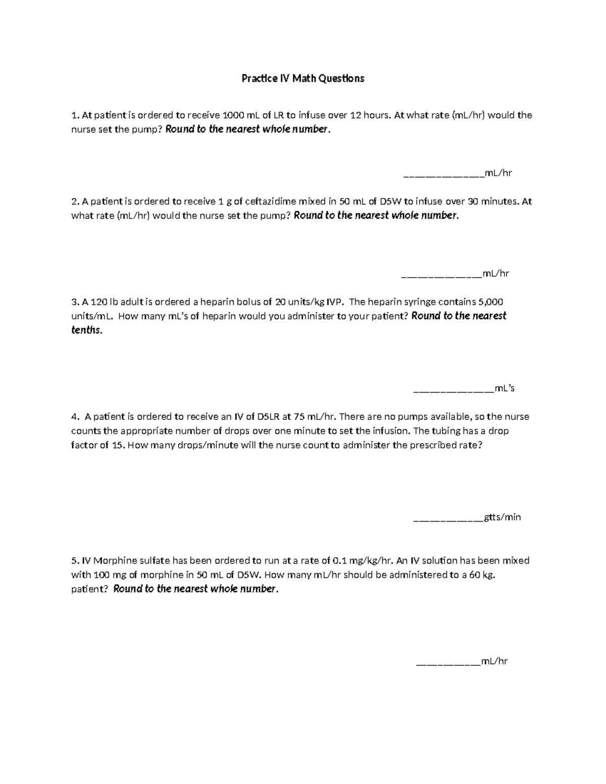 NURS 123: Practice IV Math Questions for Nursing Calculations - Studocu
