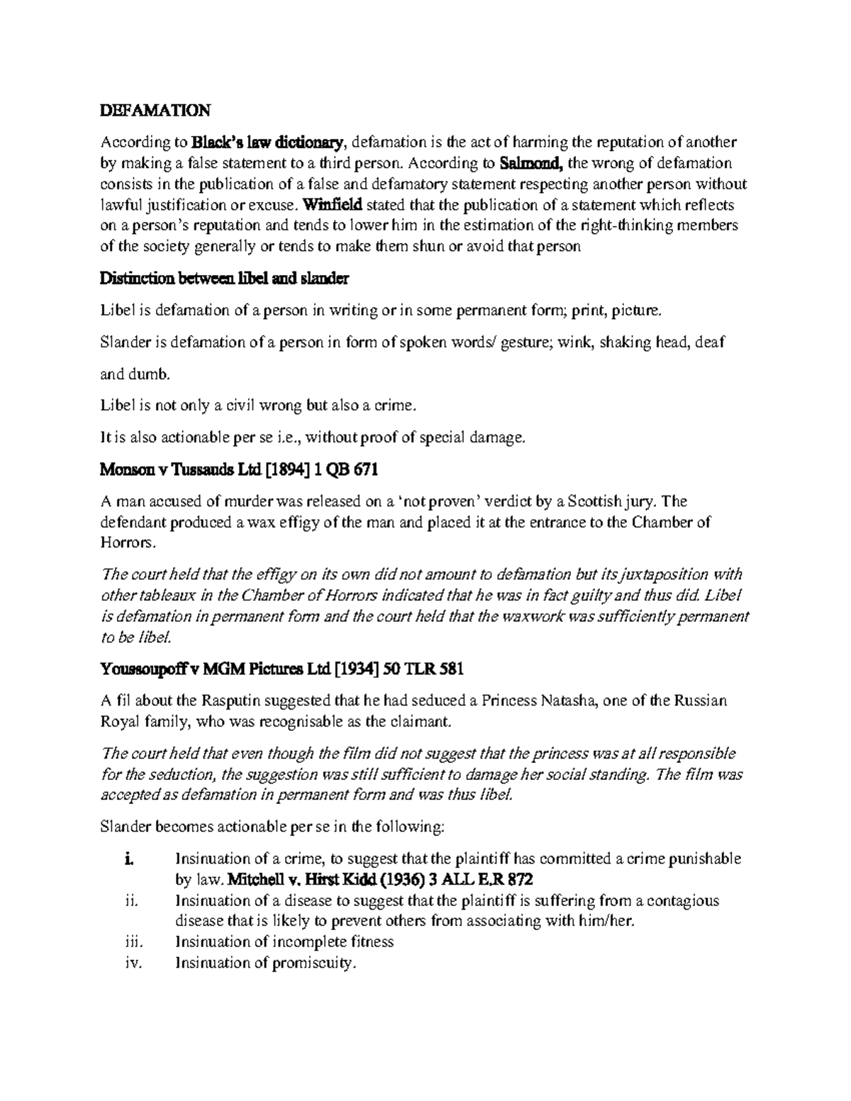 Defamation & Negligence: Legal Principles and Case Studies - Studocu
