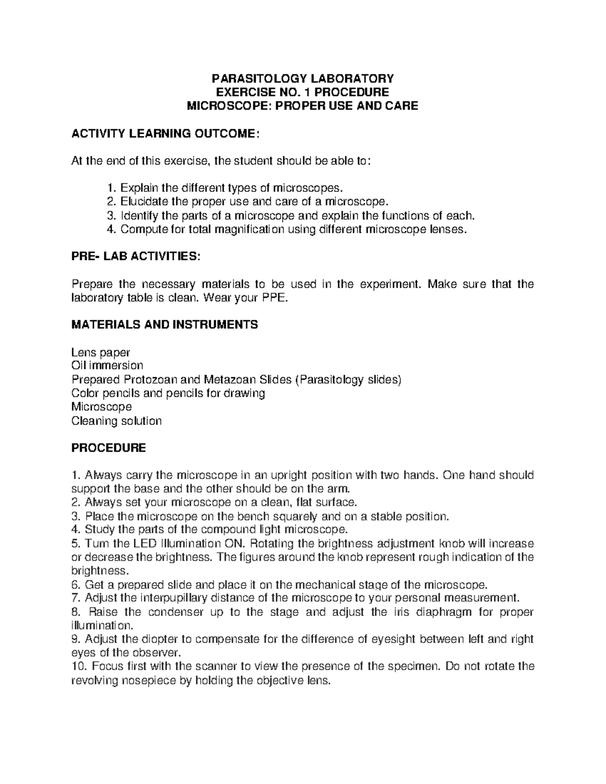 Exercise NO. 1- Microscope Procedure - PARASITOLOGY LABORATORY EXERCISE ...