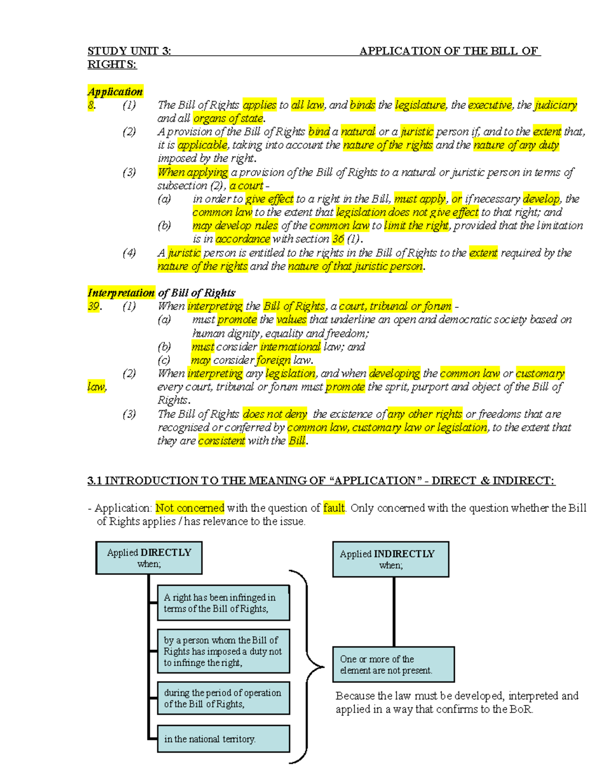 FUR2601 Study Unit 3: Application of the Bill of Rights - Studocu