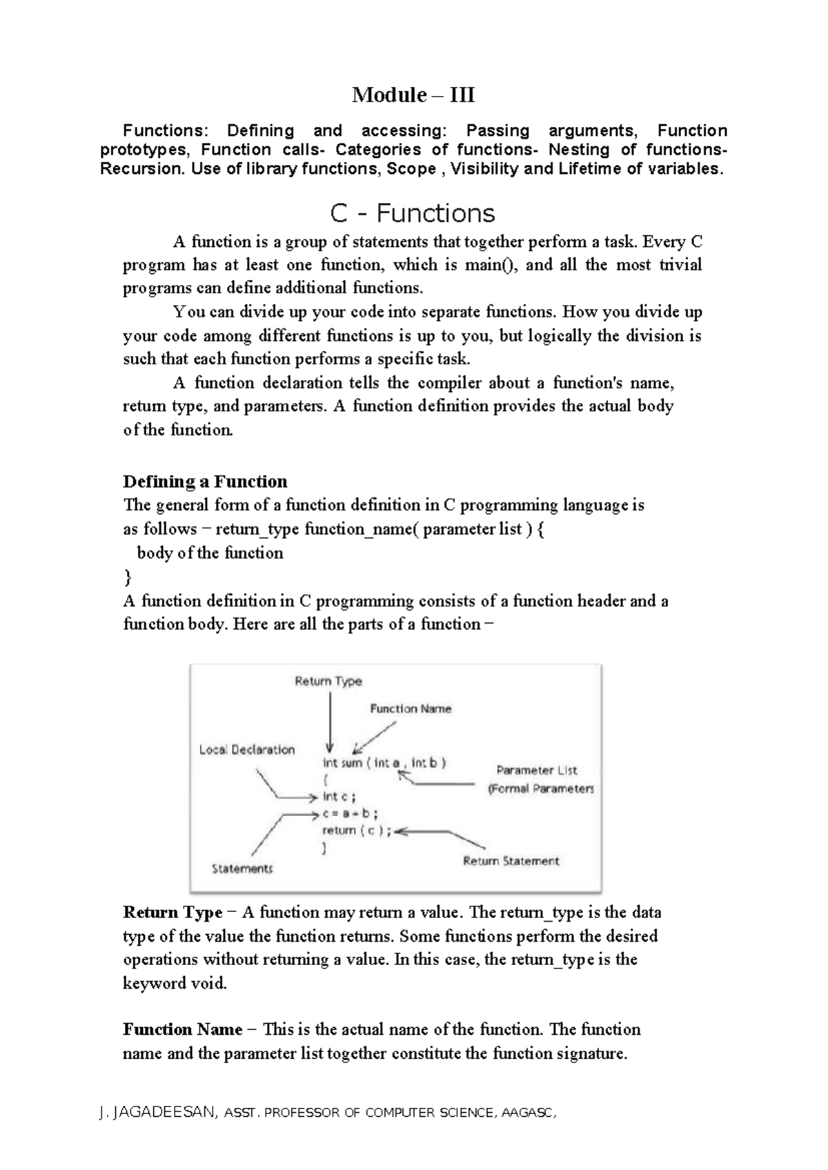 C-Notes Module 3: Functions in C Programming - Definitions & Usage ...