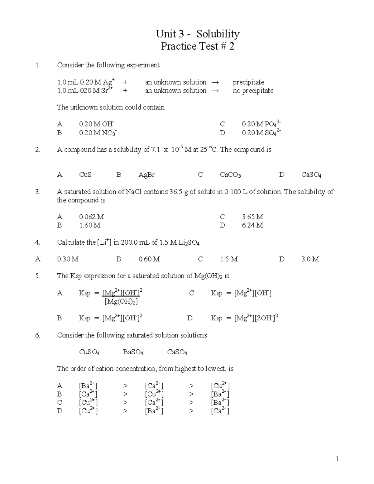Unit 3 Solubility Practice Test 2: Key Concepts and Problems - Studocu