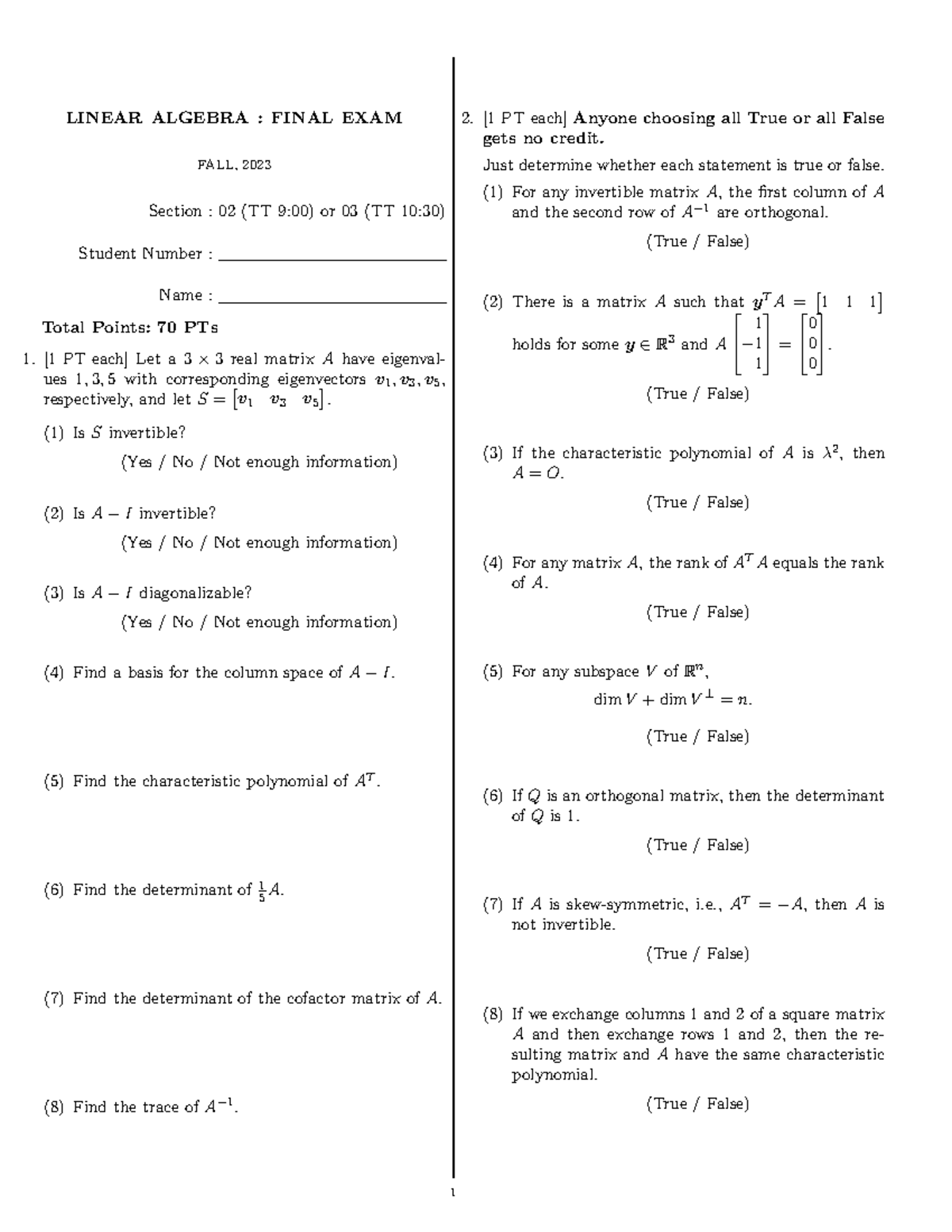LA 2023: Final Exam 2 - Linear Algebra True/False Questions - Studocu