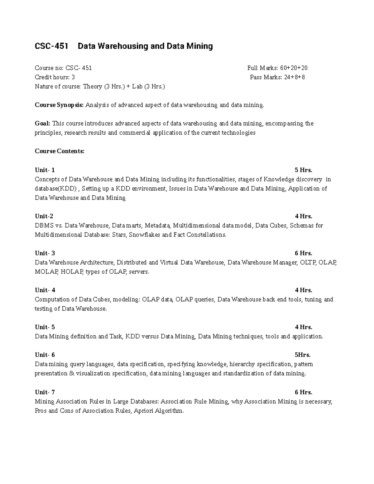 CSC-451 Data Warehousing and Data Mining Course Syllabus and Overview ...