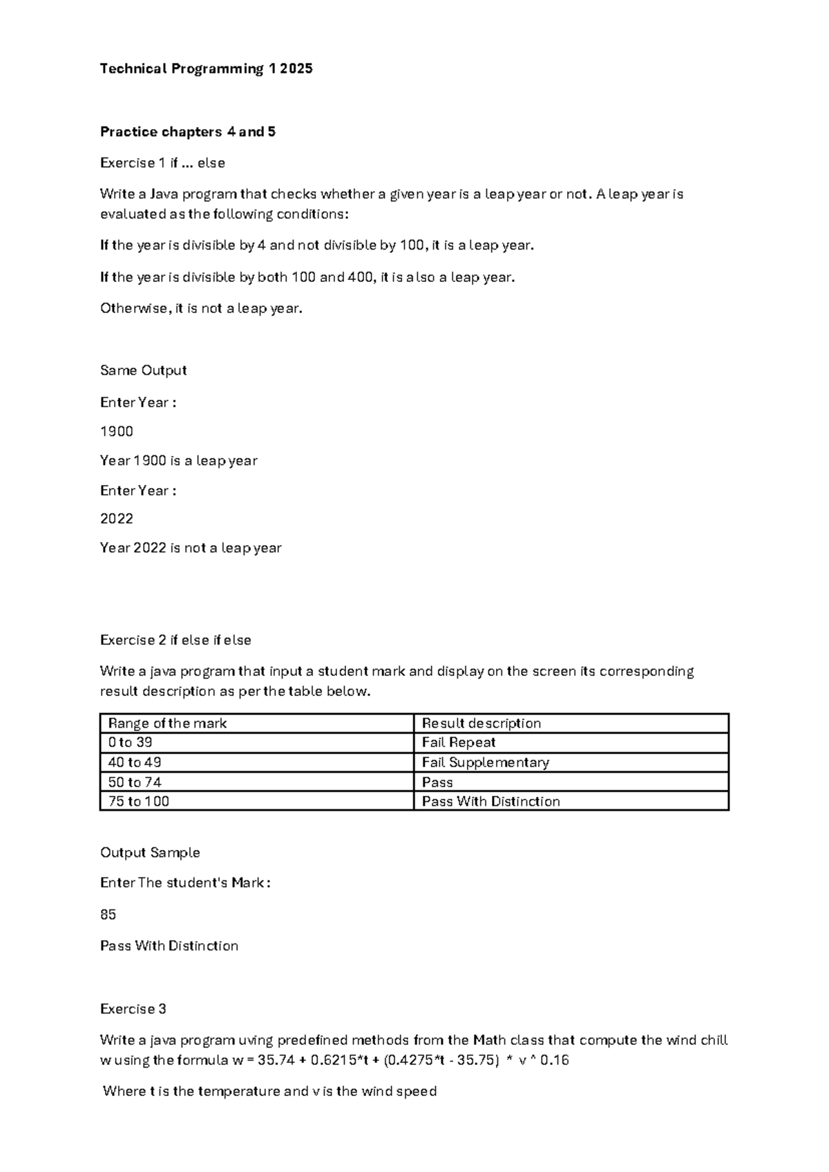 Technical Programming 1 2025 Practice Exercises for Chapters 4-5 - Studocu