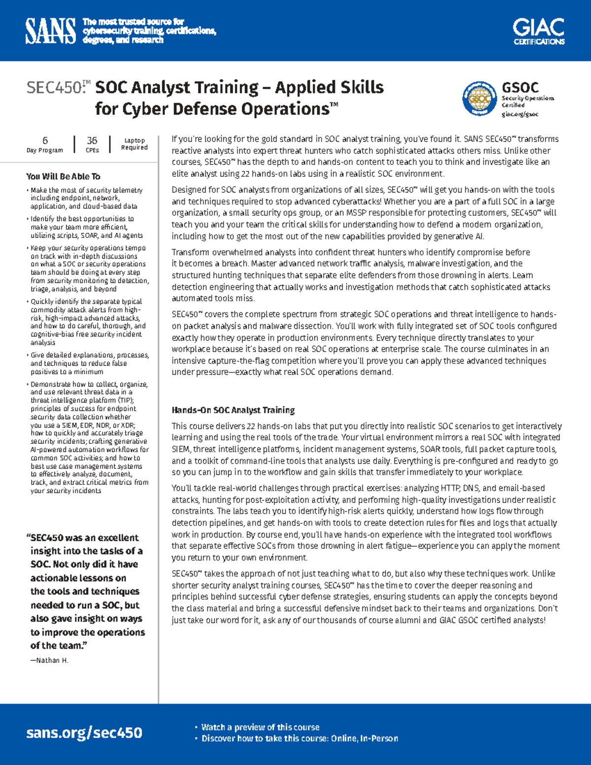 SANS SEC450: Analyst Training for Cyber Defense - 6 Day Program - Studocu