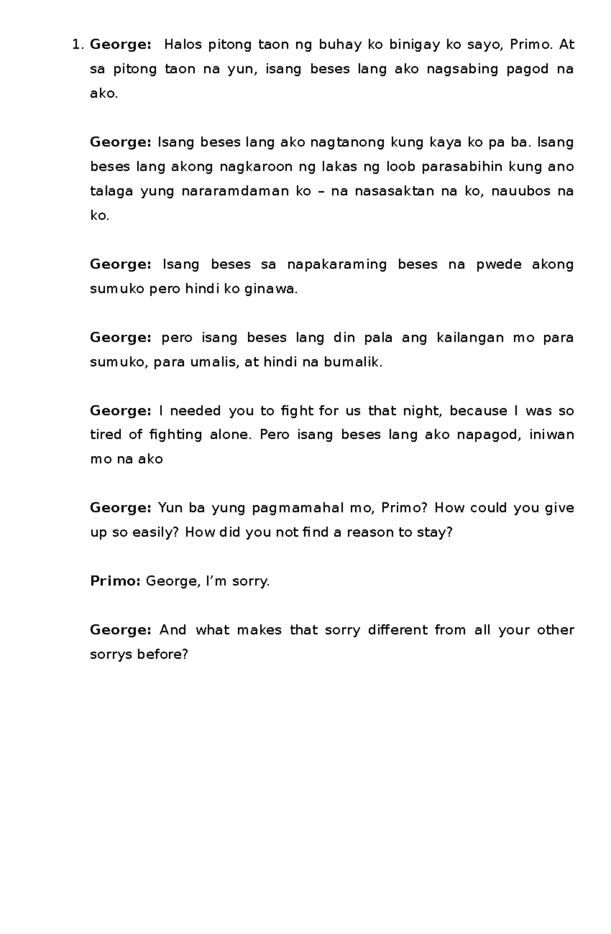 Script of Movie Dialogues: Love, Betrayal, and Forgiveness - Studocu