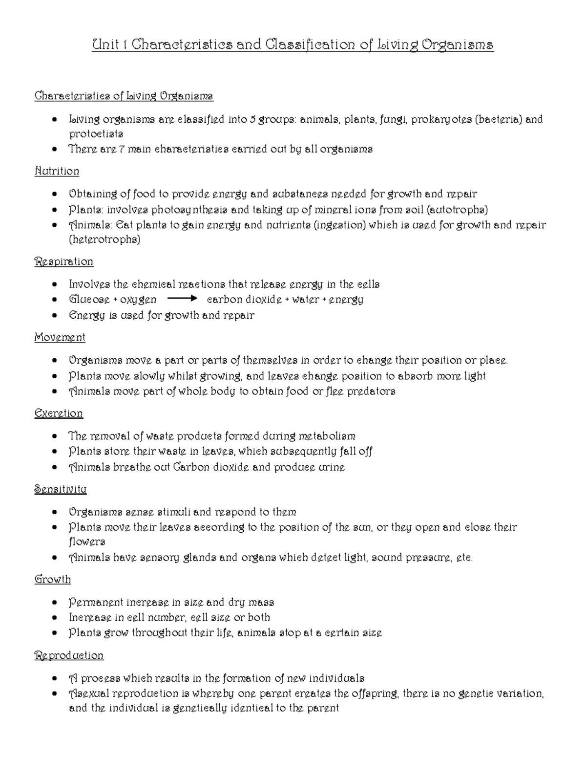 Unit 1: Characteristics & Classification of Living Organisms - Studocu