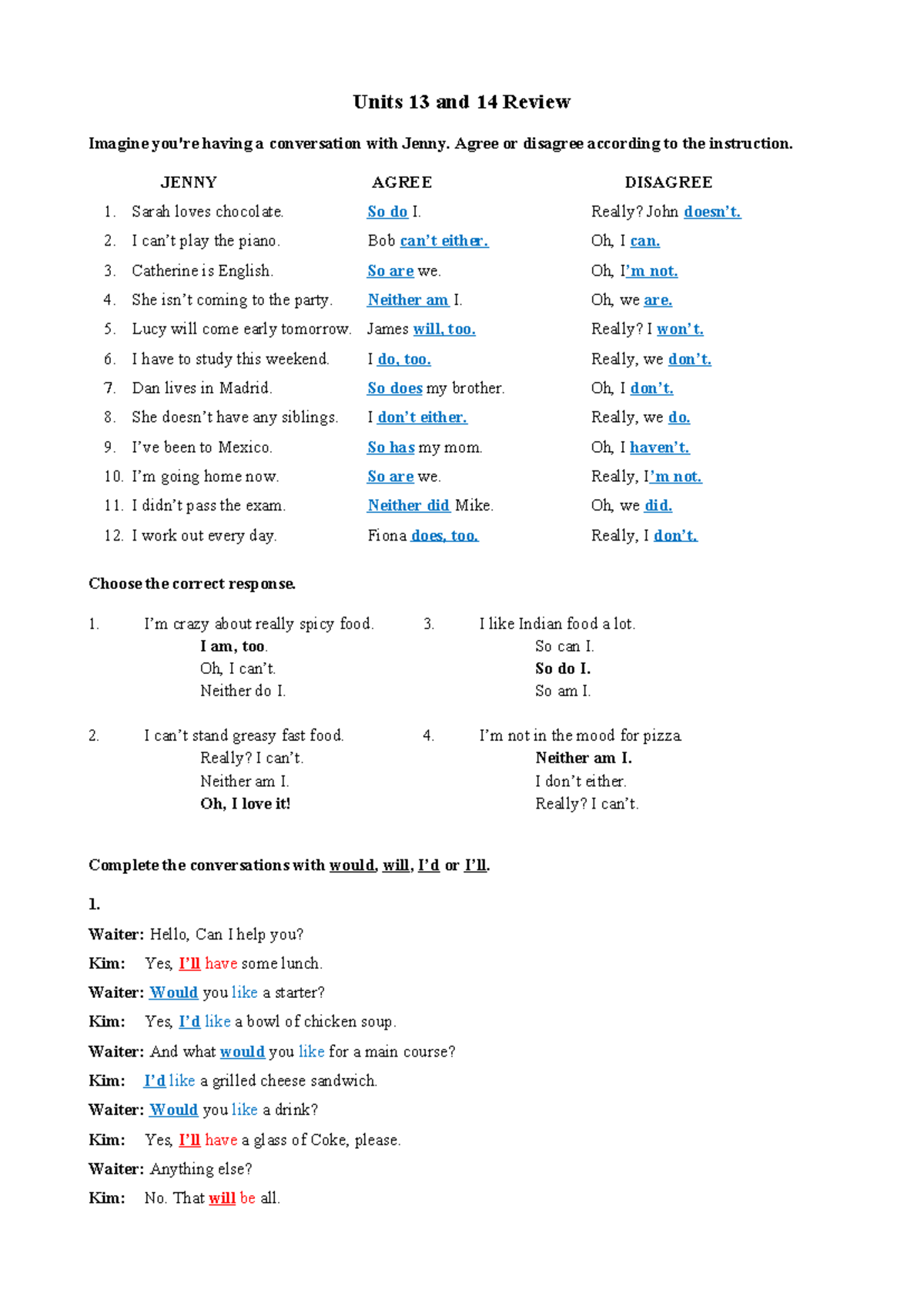 Units 13 & 14 Review - Conversational Responses & Grammar Exercises ...