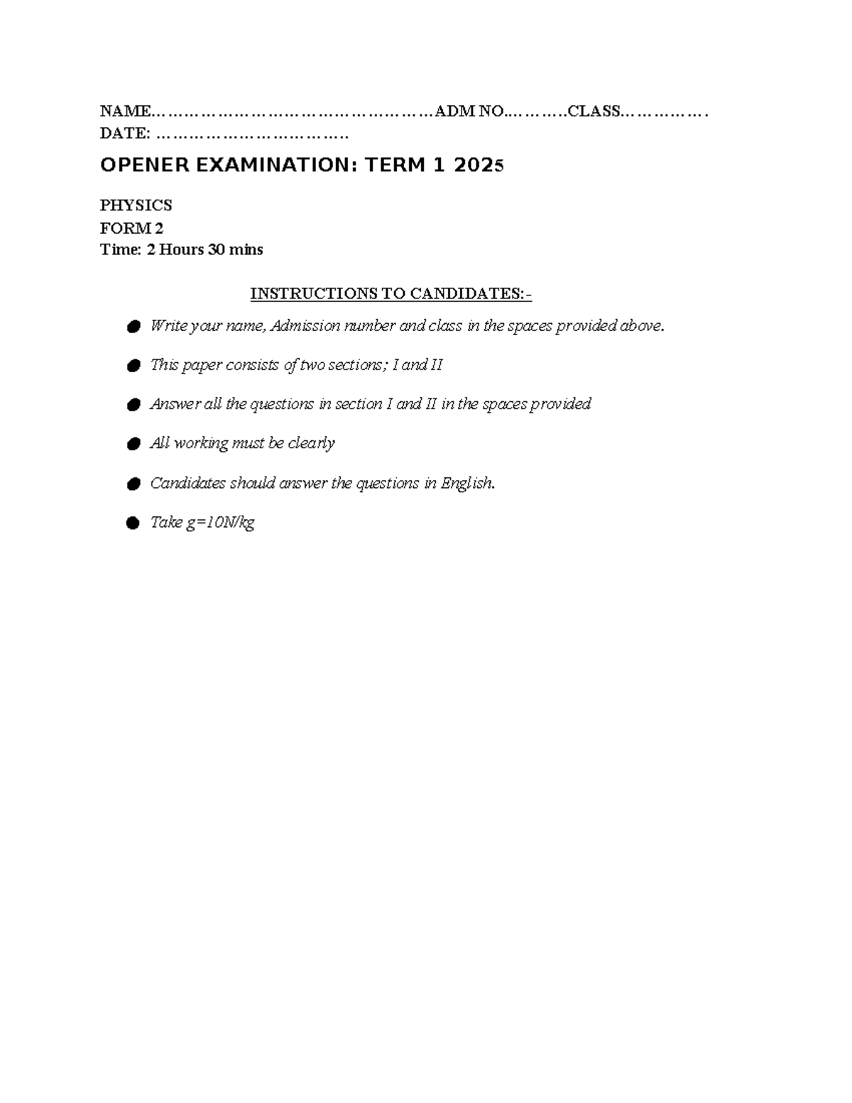 Physics F2 Term 1 Opener Exam Paper 2025 - Studocu