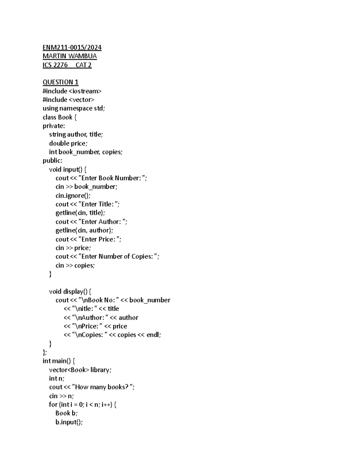 Programming CAT 2 ICS 2276 Questions And Code Examples Studocu