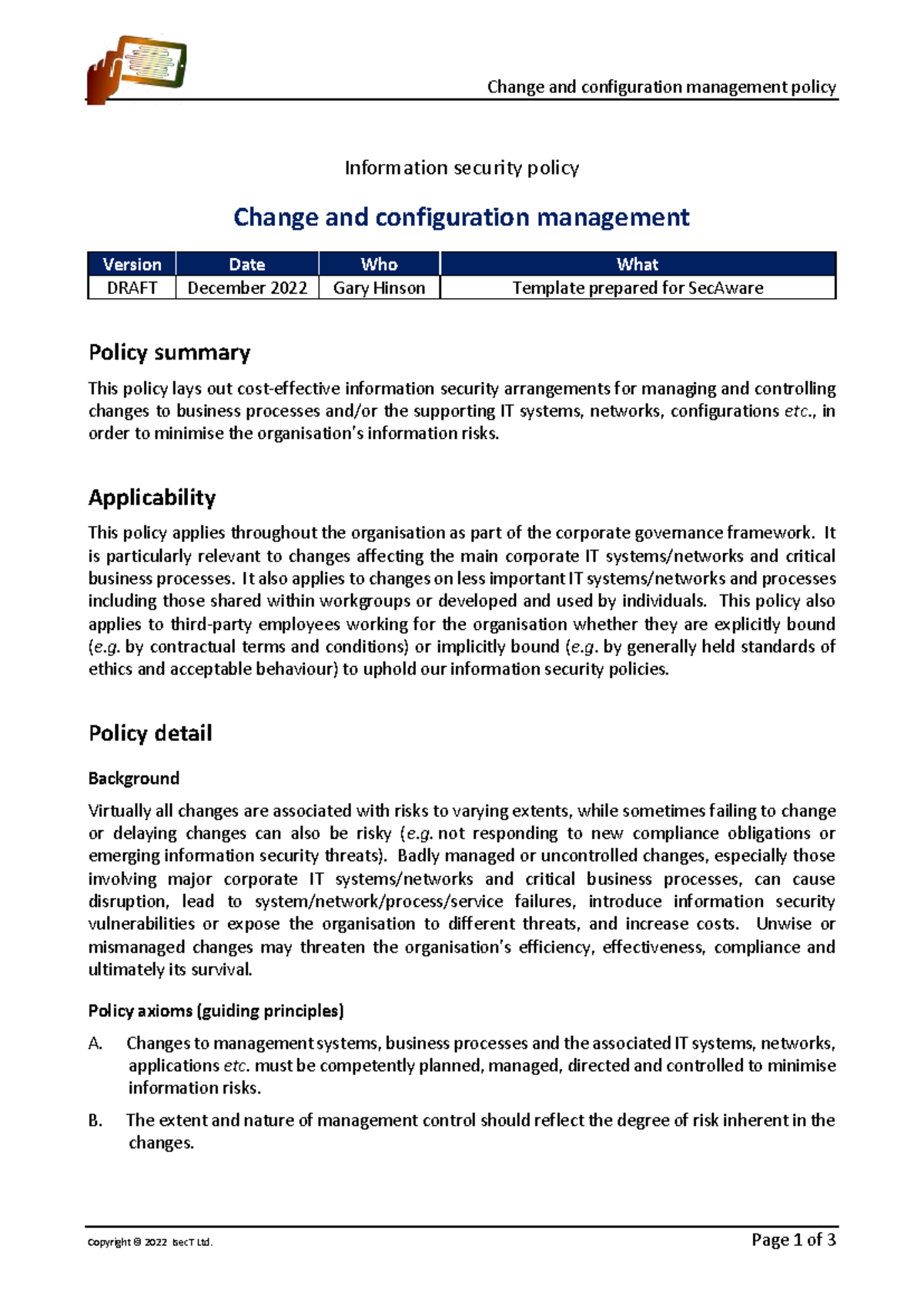 ISO27k ISMS 6.3 infosec policy on change and config management 2022 ...