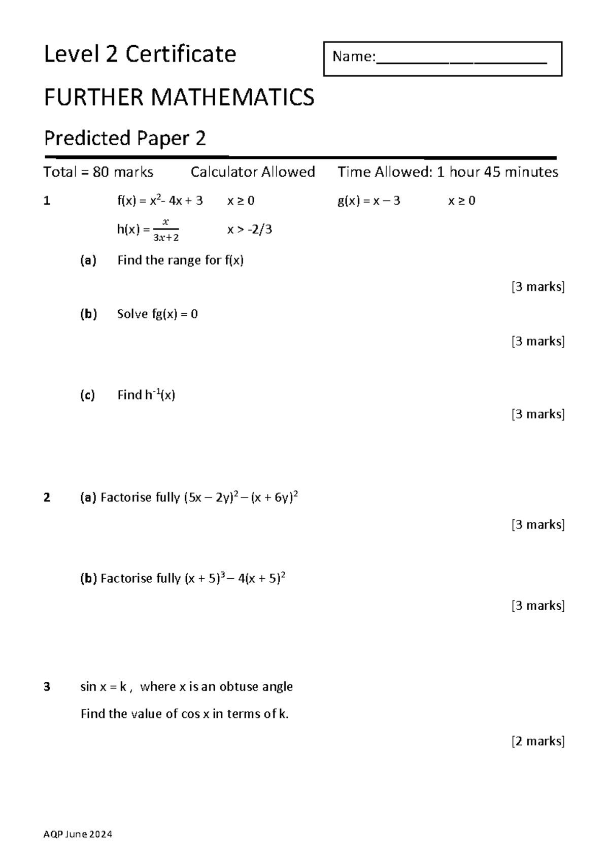 FMaths Predicted Paper 2 (2024) - Level 2 Certificate Questions - Studocu