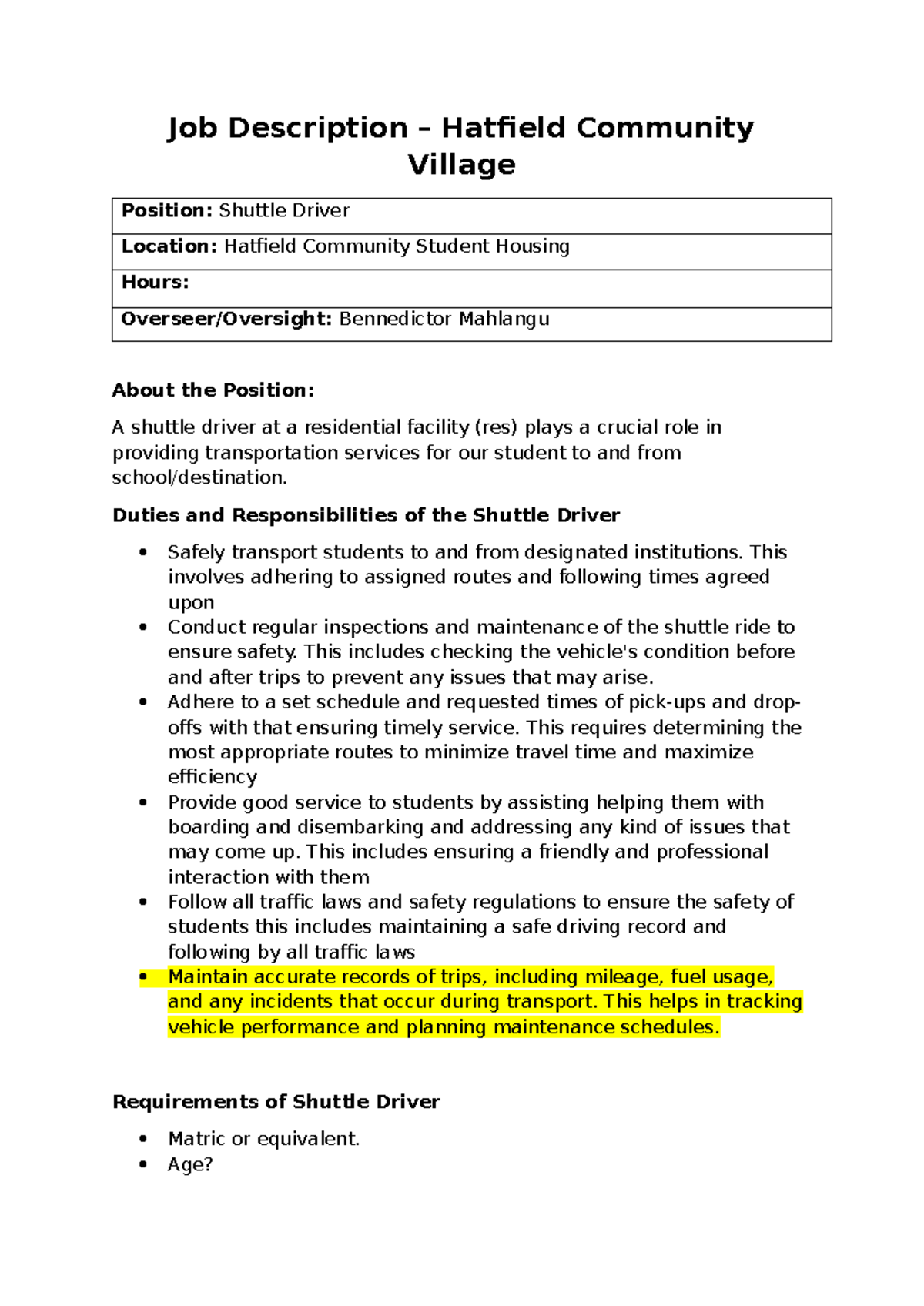 Job Description: Shuttle Driver at Hatfield Community Village - Studocu