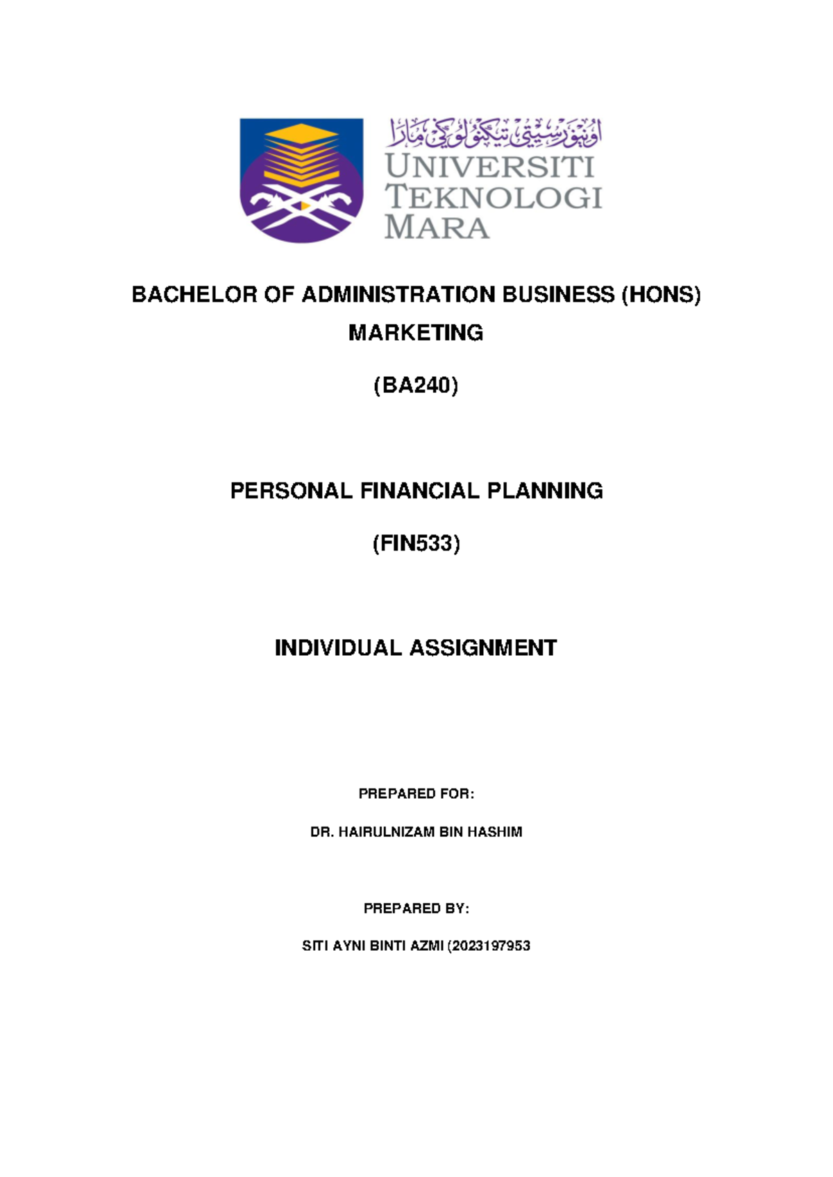 FIN533 Personal Financial Planning Individual Assignment by Siti Ayni ...