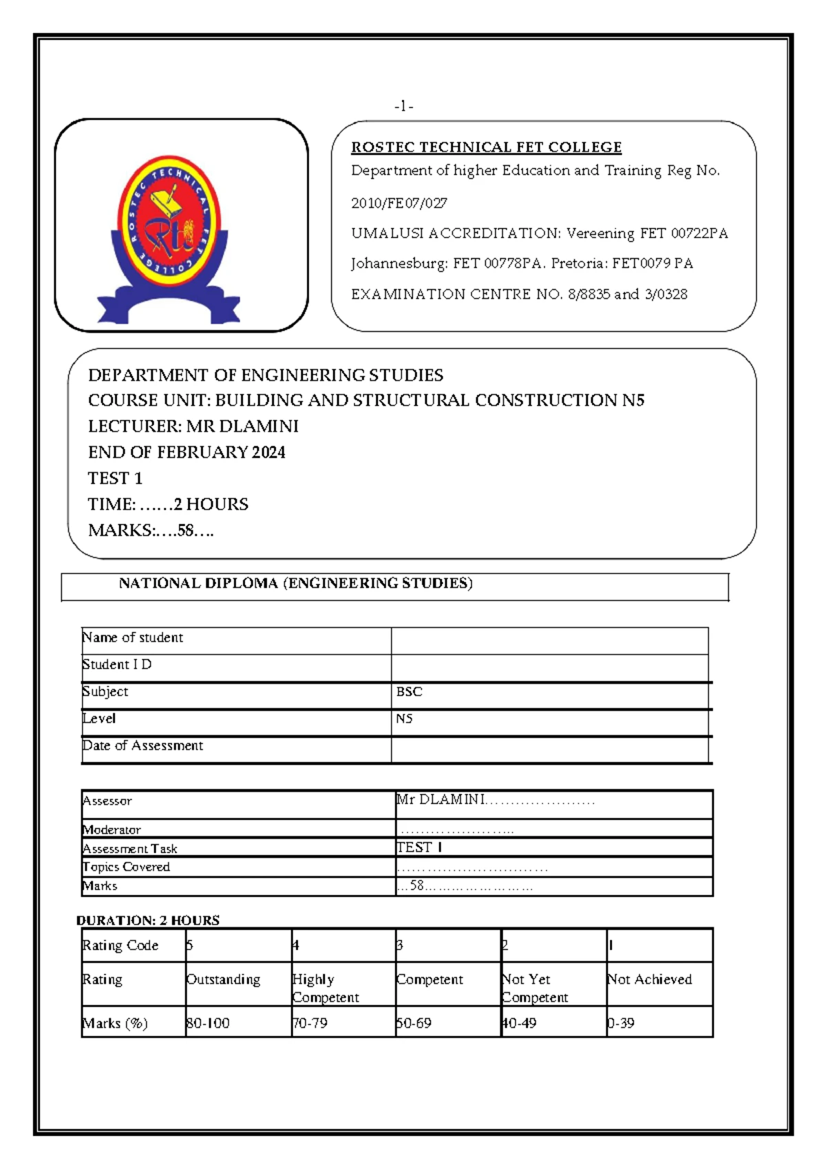 BSC N5 Test 1-2: Past Exam Papers for Engineering Studies - Studocu