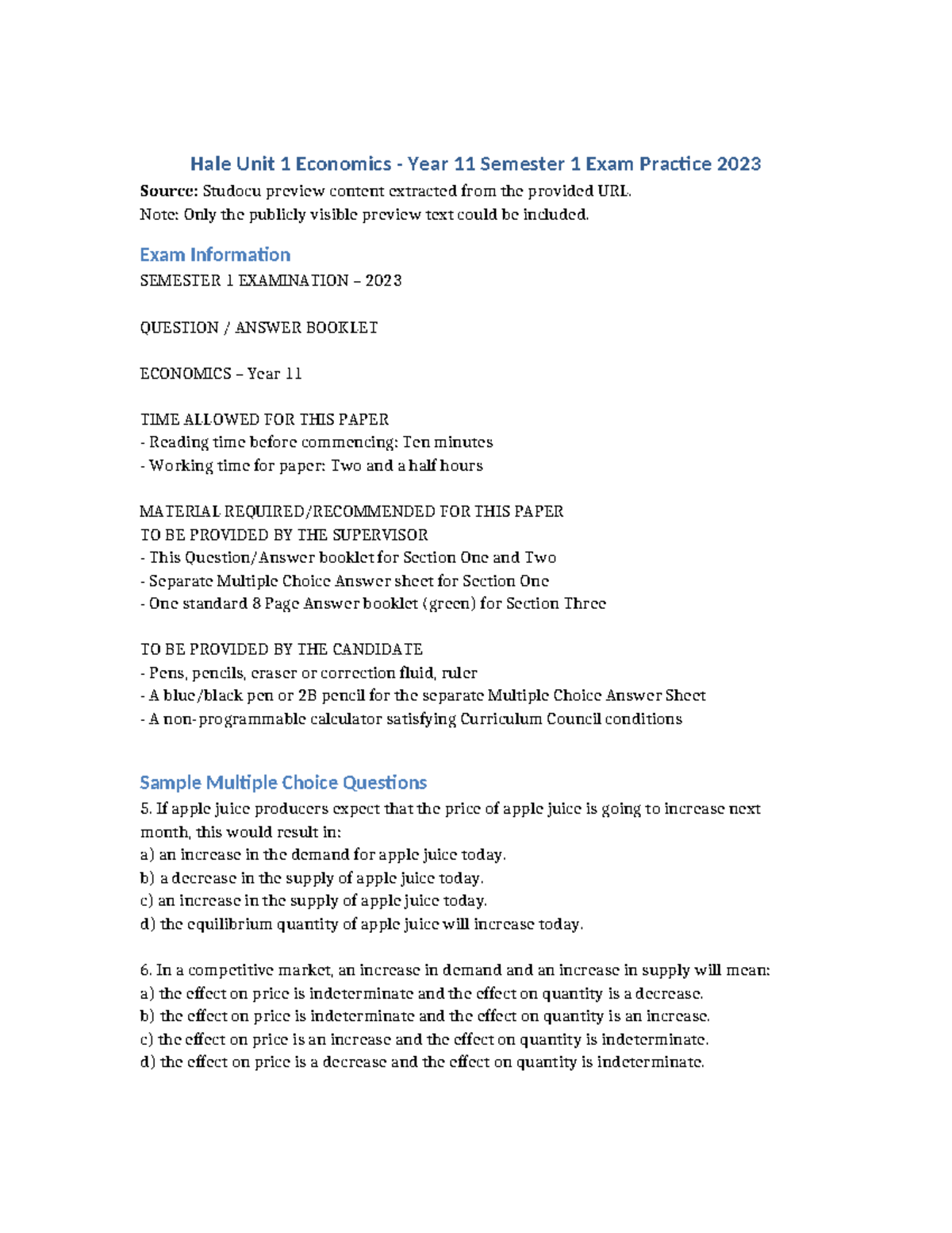Hale Unit 1 Economics Year 11 Semester 1 Exam Practice 2023 - Studocu