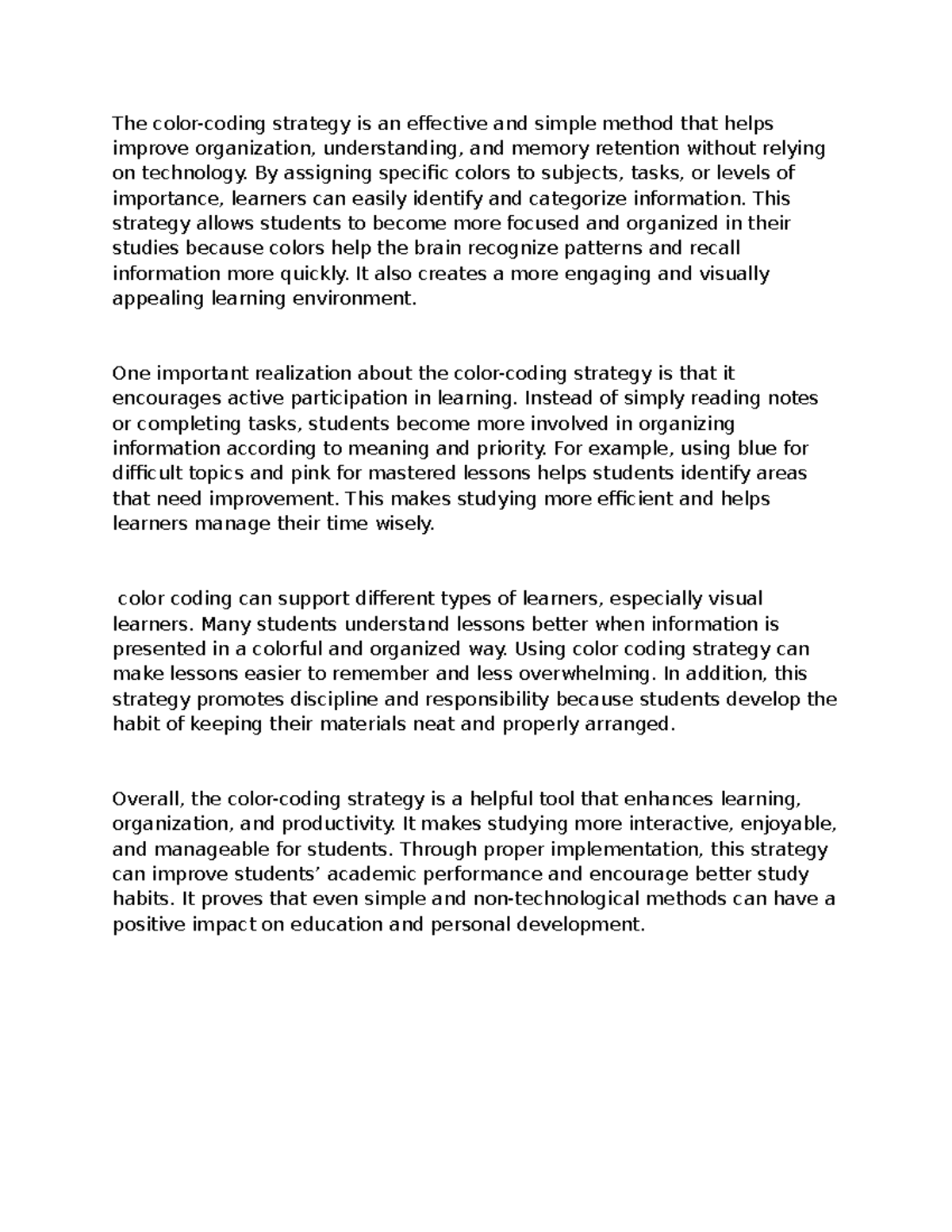 Reflection on Color Coding Strategy for Enhanced Learning - Studocu