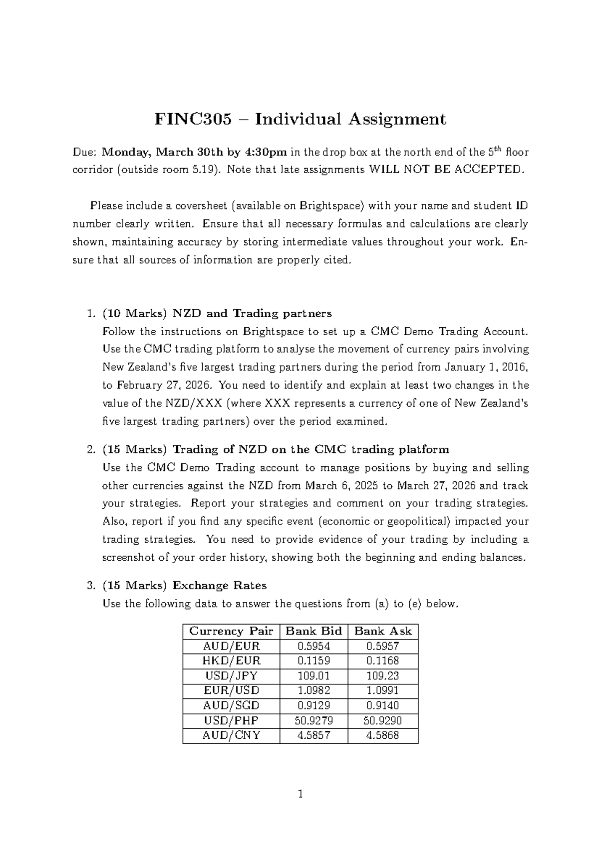 FINC305 Individual Assignment: Currency Trading Analysis and Strategies ...