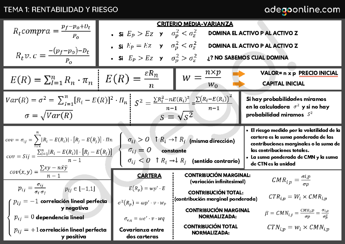 TEMA 1-6: FÓRMULAS DE RENTABILIDAD Y RIESGO EN INVERSIONES - Studocu
