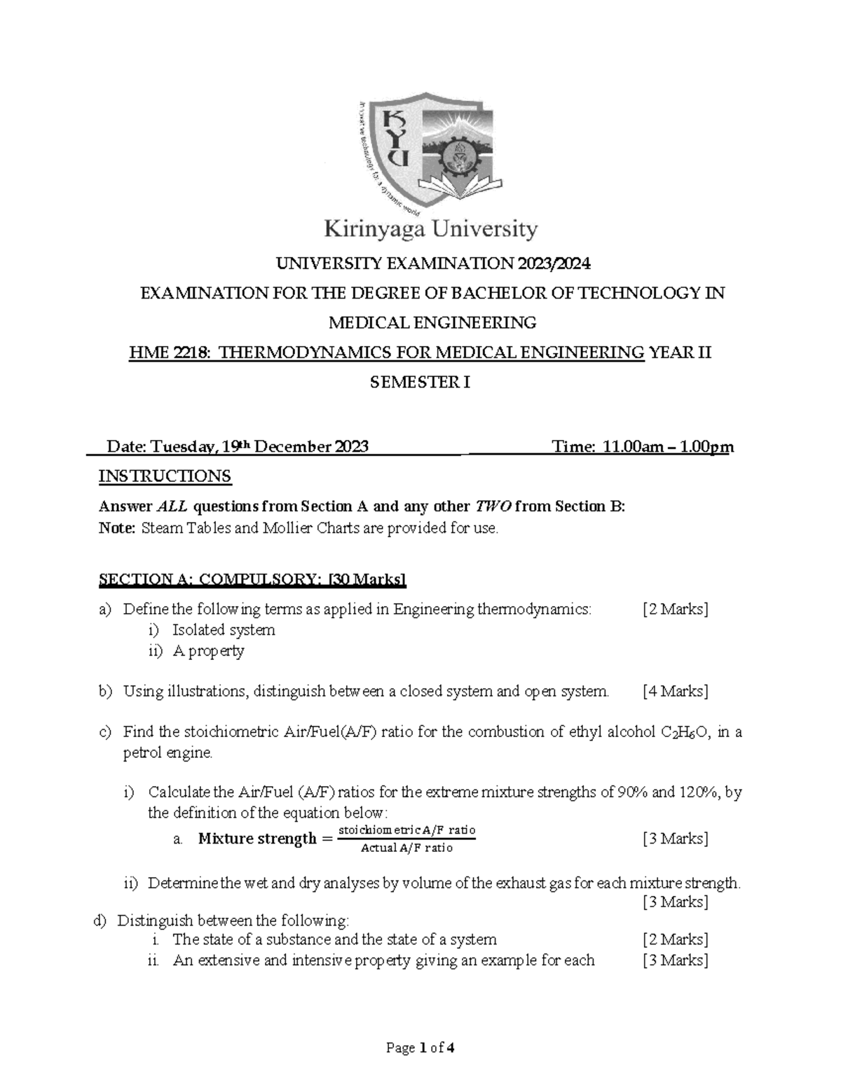 HME 2218 Thermodynamics Exam Paper for Medical Engineering - Year II ...