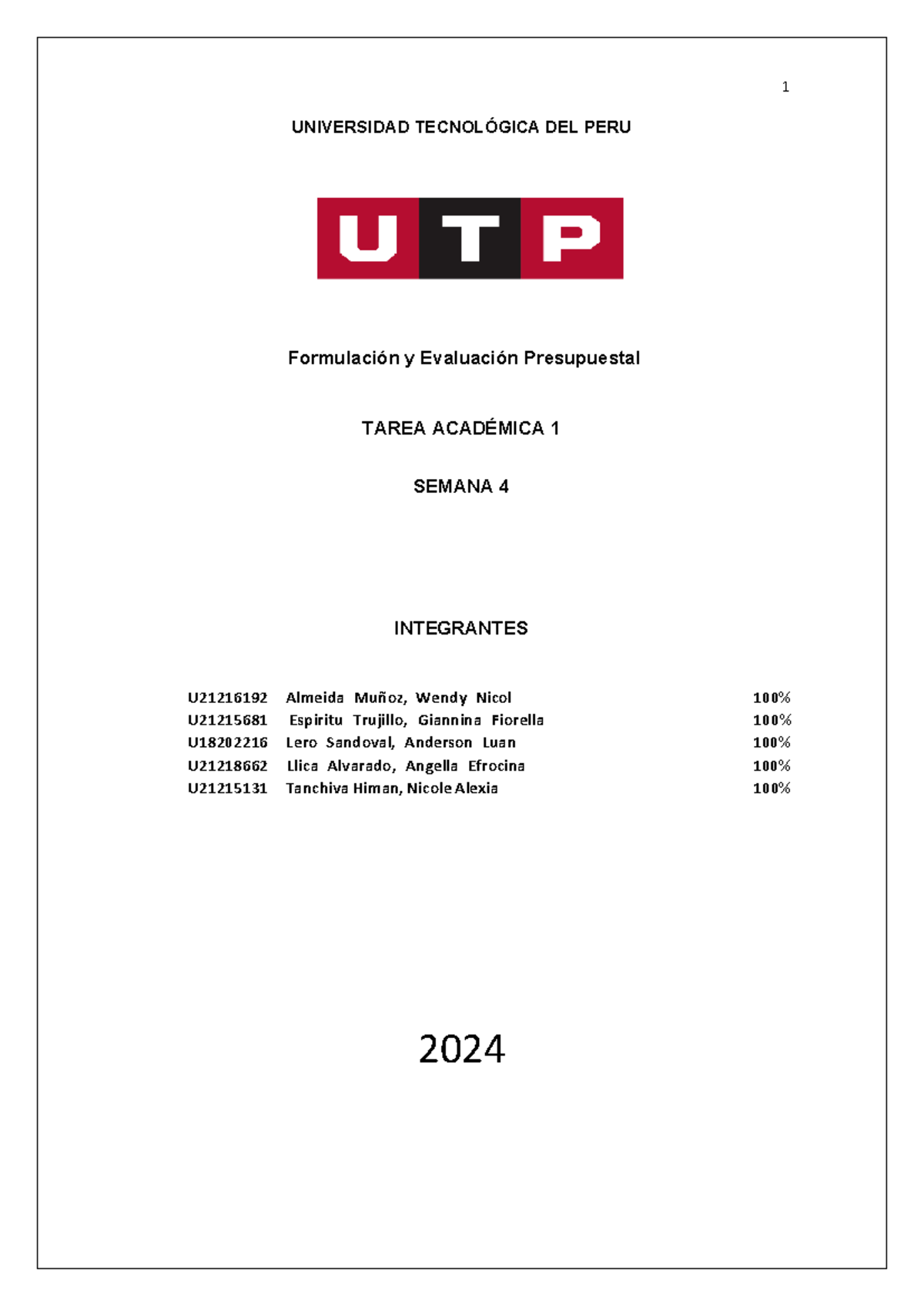Tarea Académica 1: Formulación y Evaluación Presupuestal UTP - Document Preview