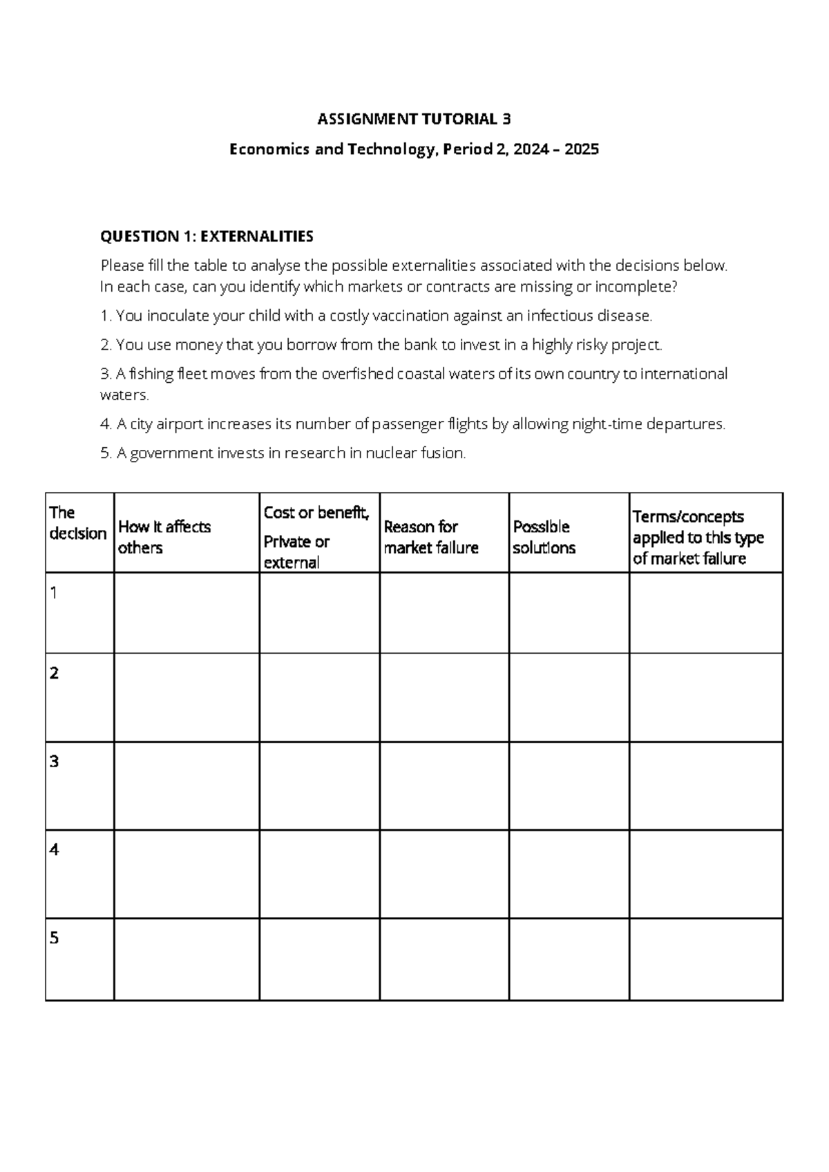 Economics Tutorial 3 Assignment on Externalities & Principal-Agent ...