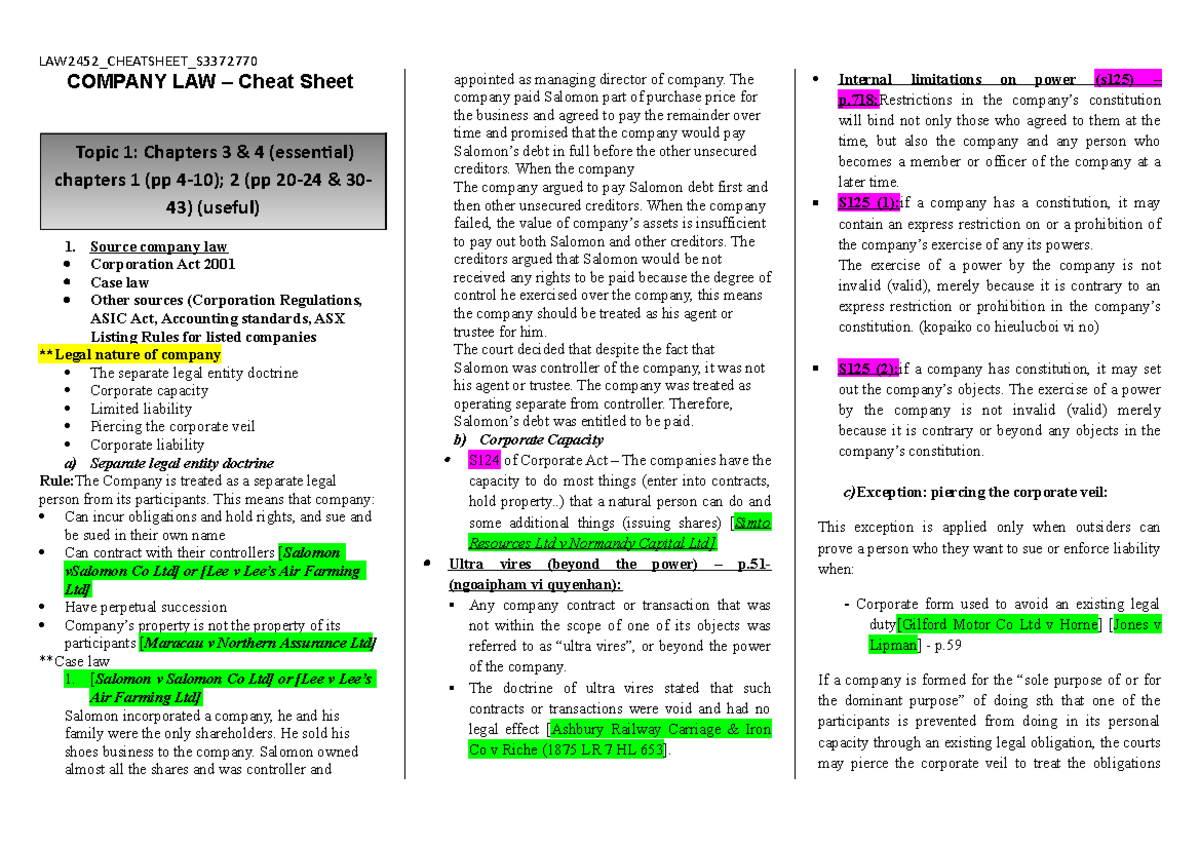 COMPANY LAW 101: Key Notes and Case Law Insights for Exam - Studocu