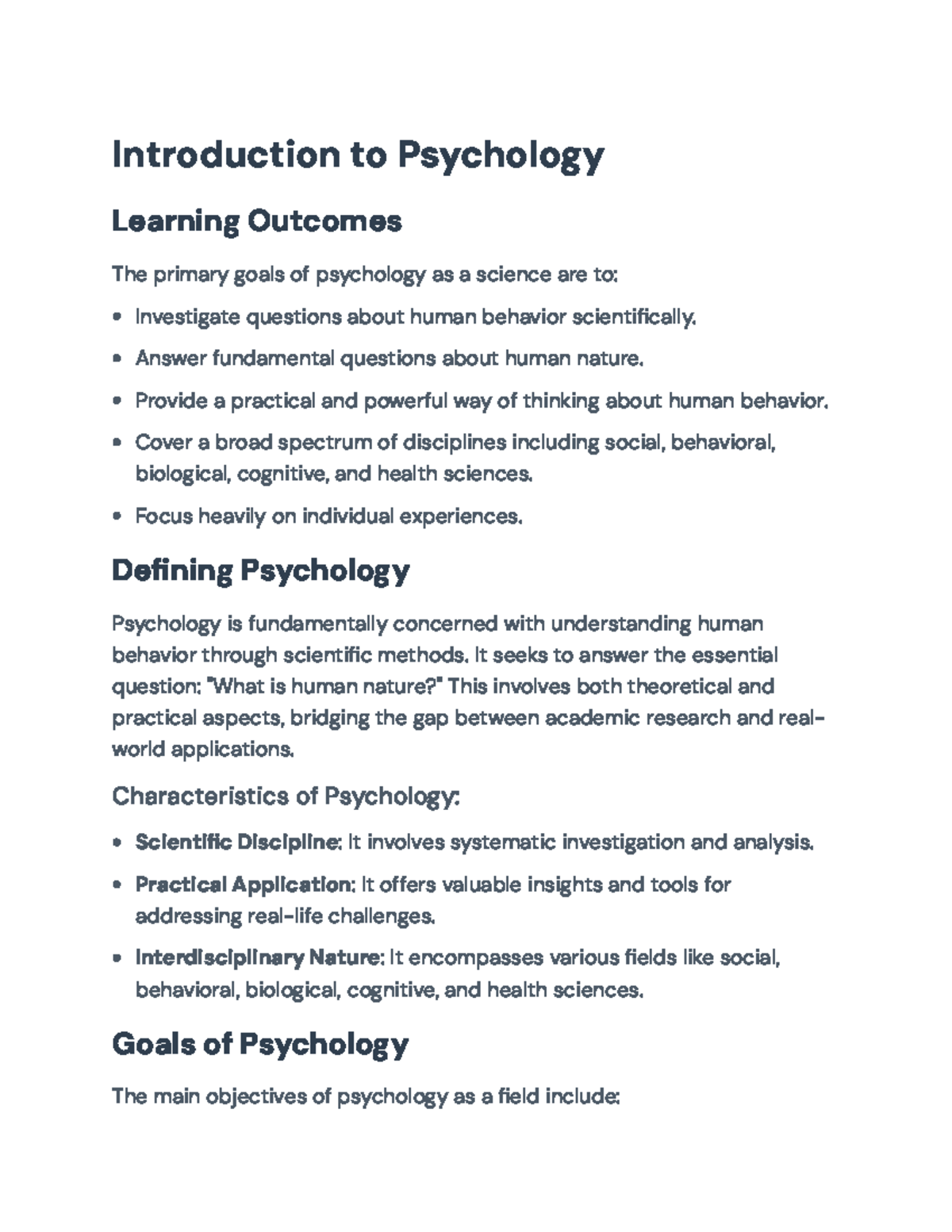 Introduction to Psychology (PSY101): Concepts, Goals, and ...