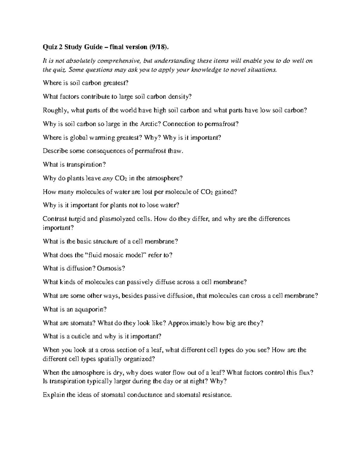 Quiz 2 Study Guide – Key Concepts in Soil Carbon, Transpiration, and ...