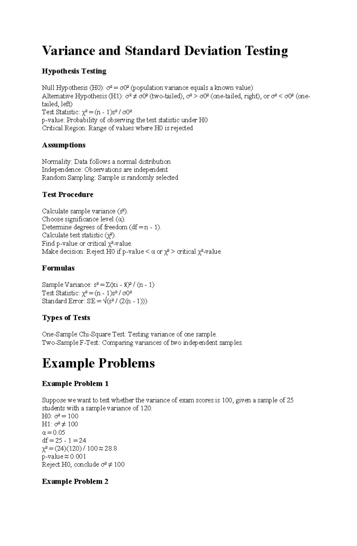 Variance and Standard Deviation: Hypothesis Testing Guide - Studocu