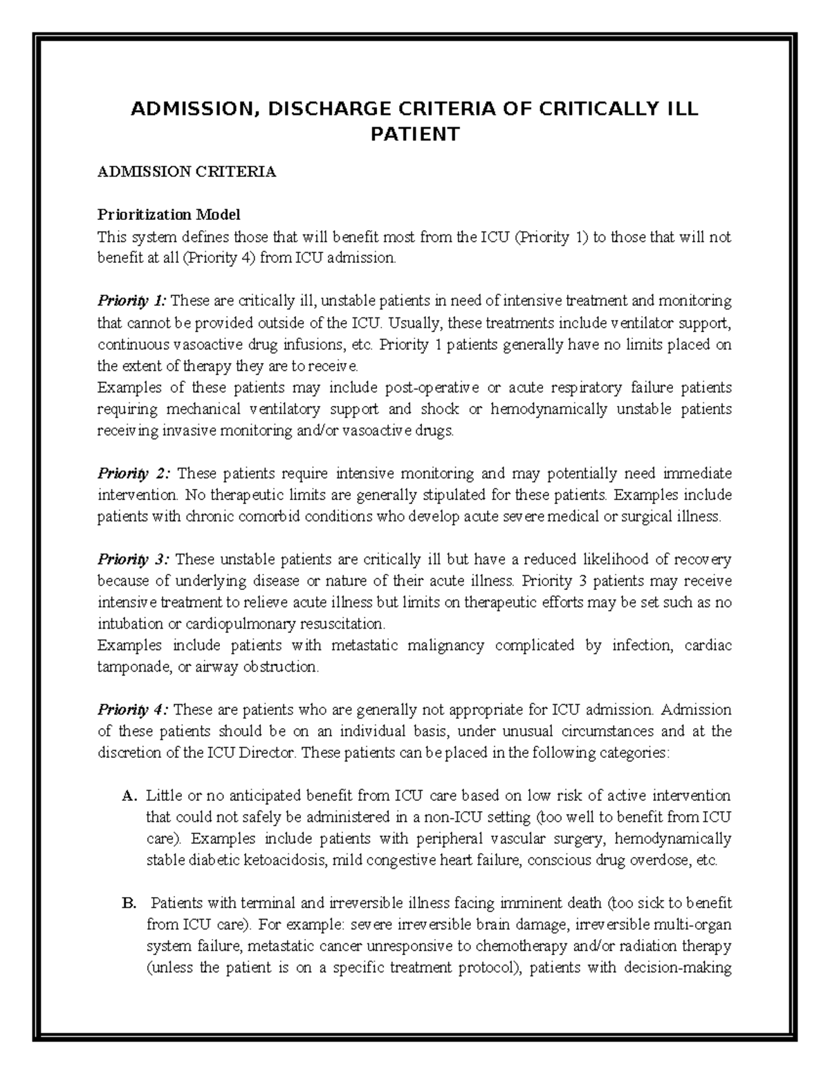 Admission - ADMISSION, DISCHARGE CRITERIA OF CRITICALLY ILL PATIENT ...